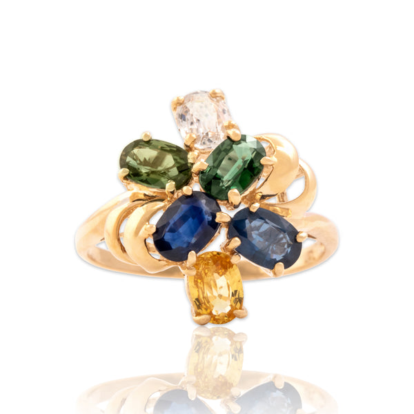 Vintage 14k Yellow Gold 2.66cttw Multi-color Sapphire Vibrant Cluster Ring 9.00