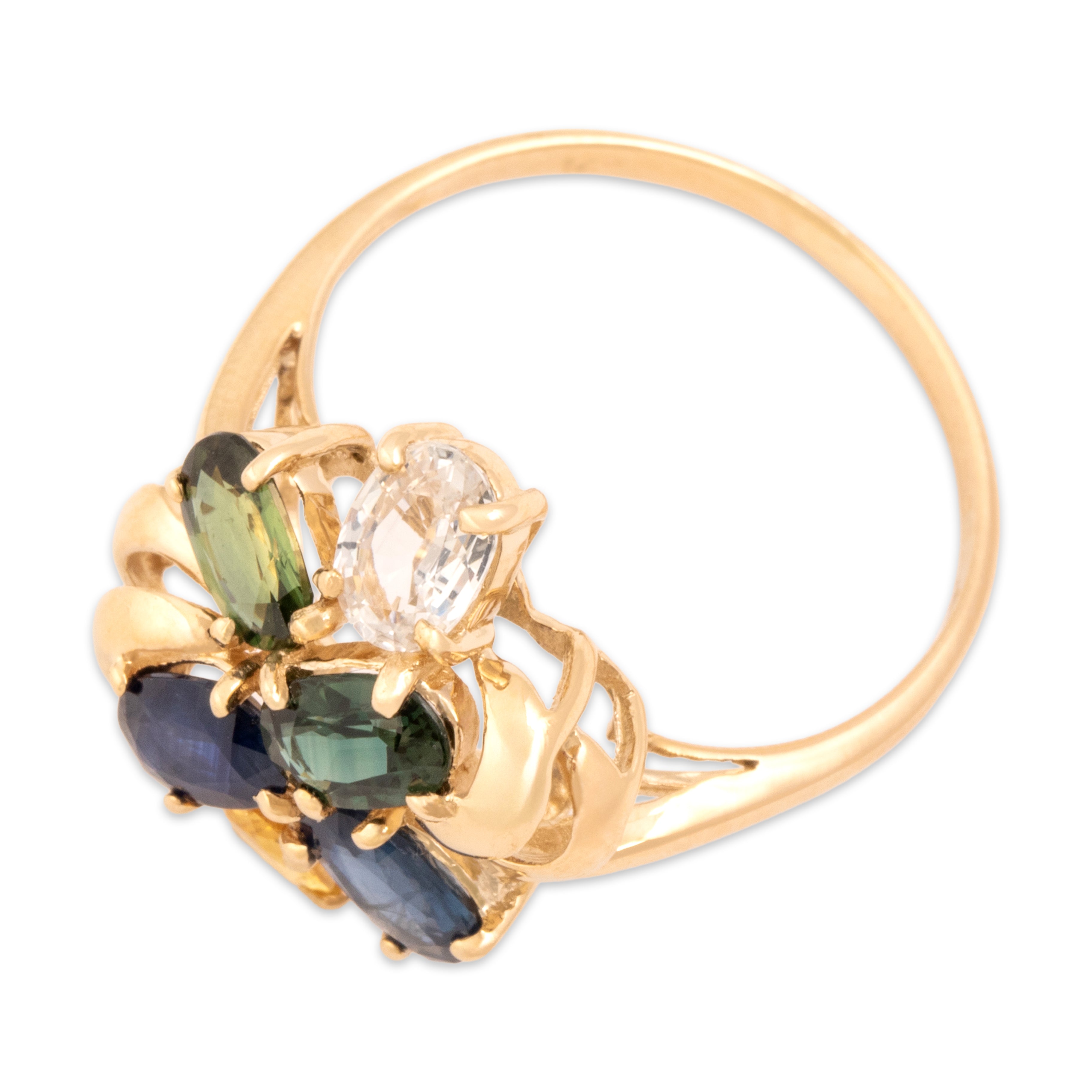 Vintage 14k Yellow Gold 2.66cttw Blue White Green Yellow Sapphire Vibrant Cluster Ring - Overall view