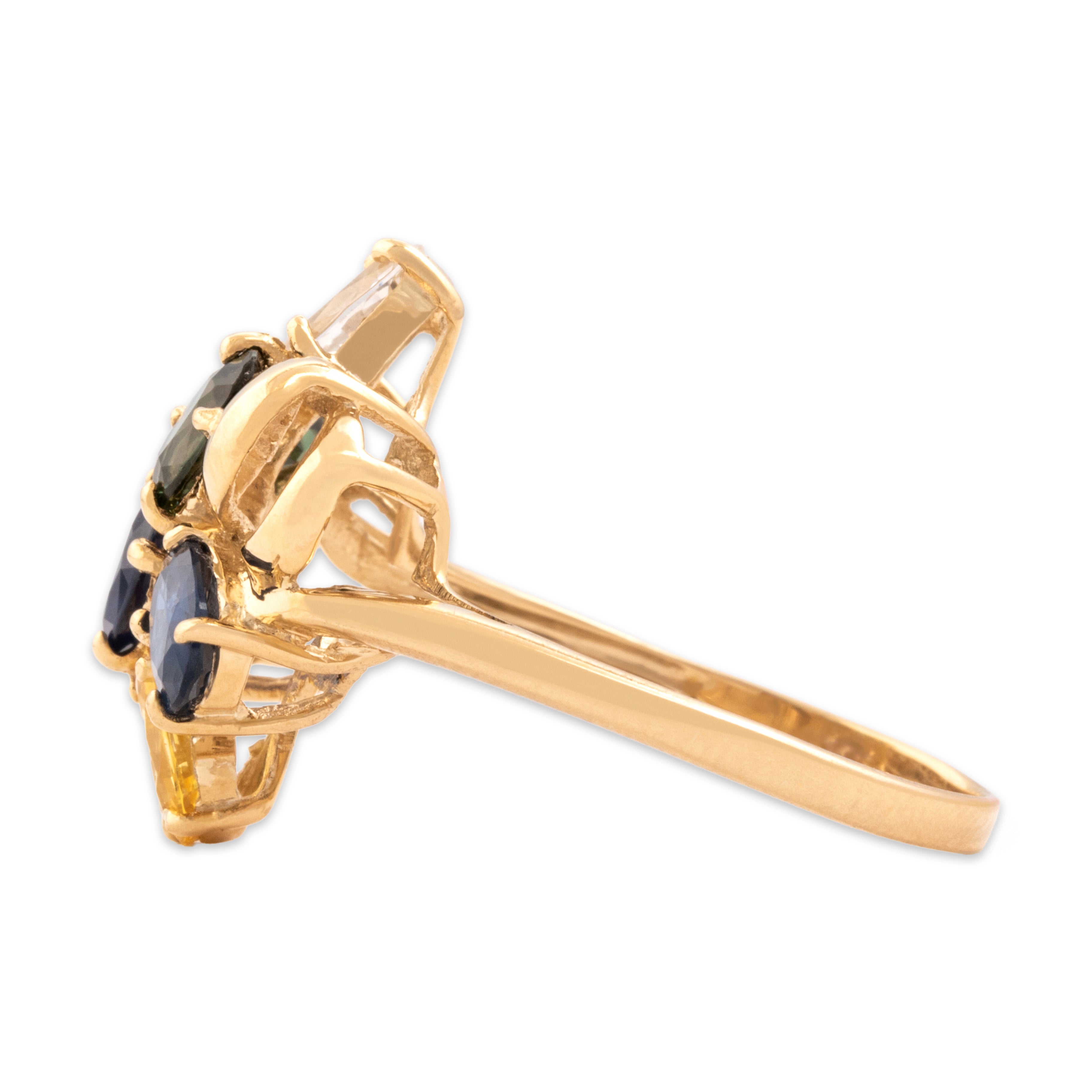 Vintage 14k Yellow Gold 2.66cttw Blue White Green Yellow Sapphire Vibrant Cluster Ring - Side view