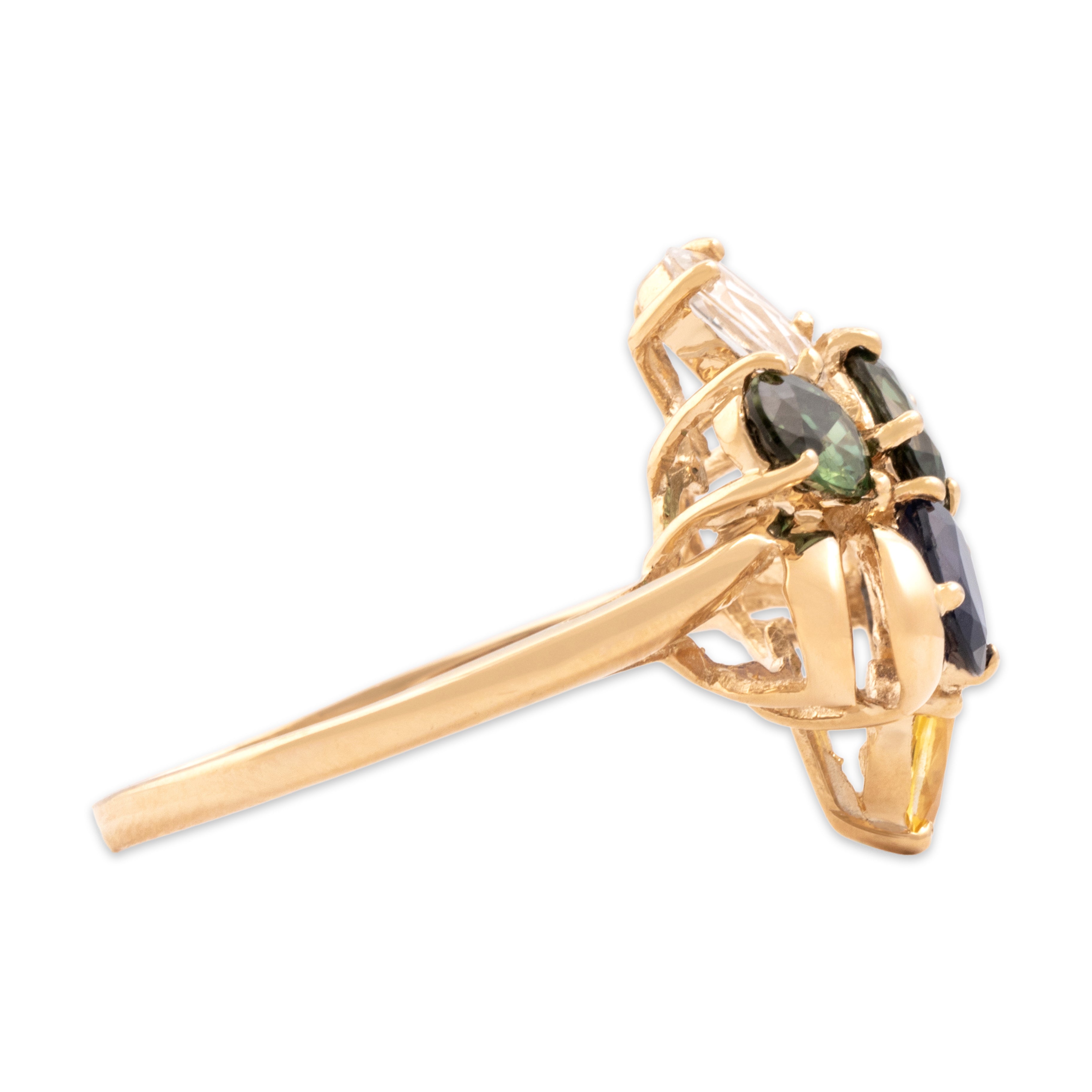 Vintage 14k Yellow Gold 2.66cttw Blue White Green Yellow Sapphire Vibrant Cluster Ring - Side view