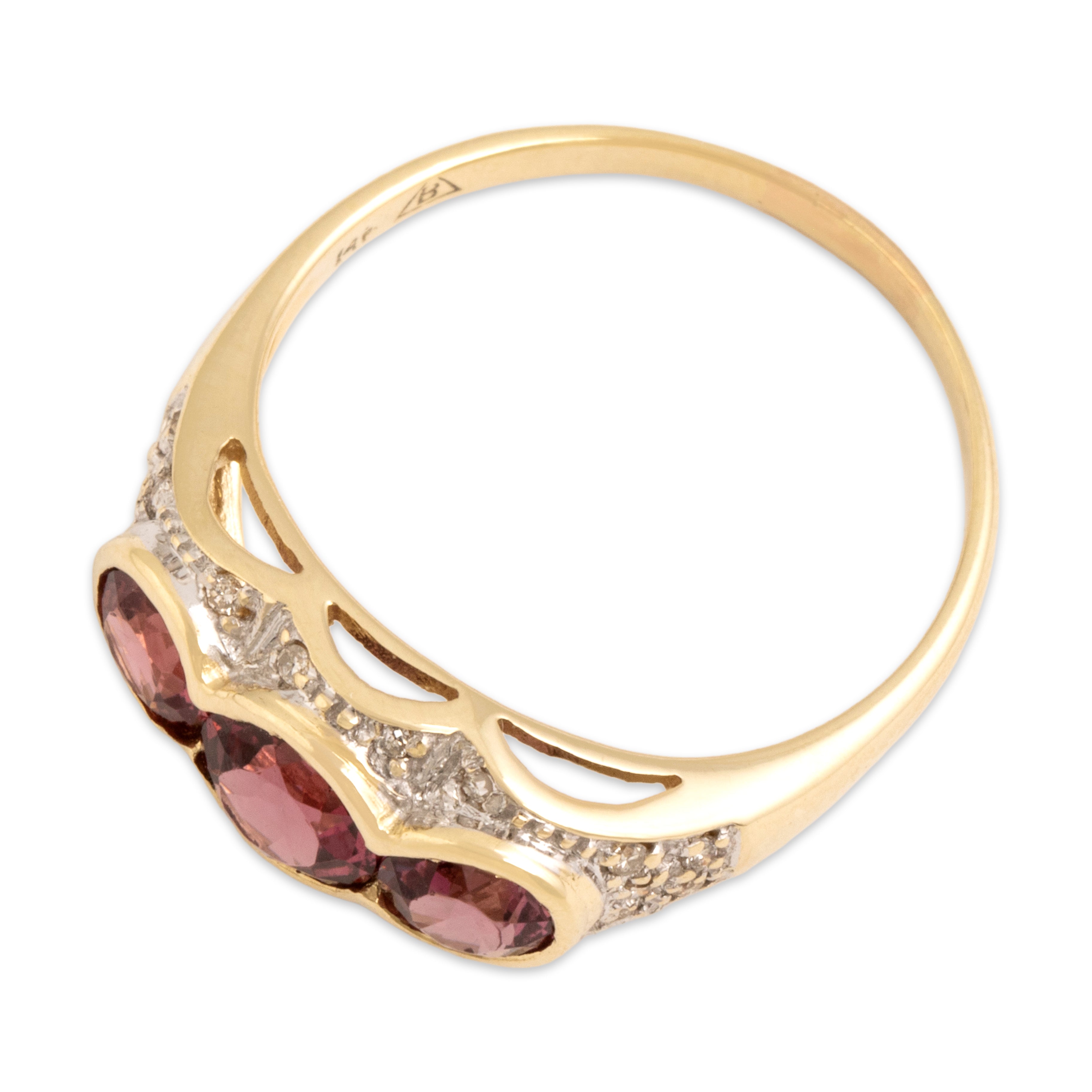 Vintage 14k Yellow & White Gold 1.57cttw Berry Garnet Diamond Vibrant Bezel Trio Ring - Overall view