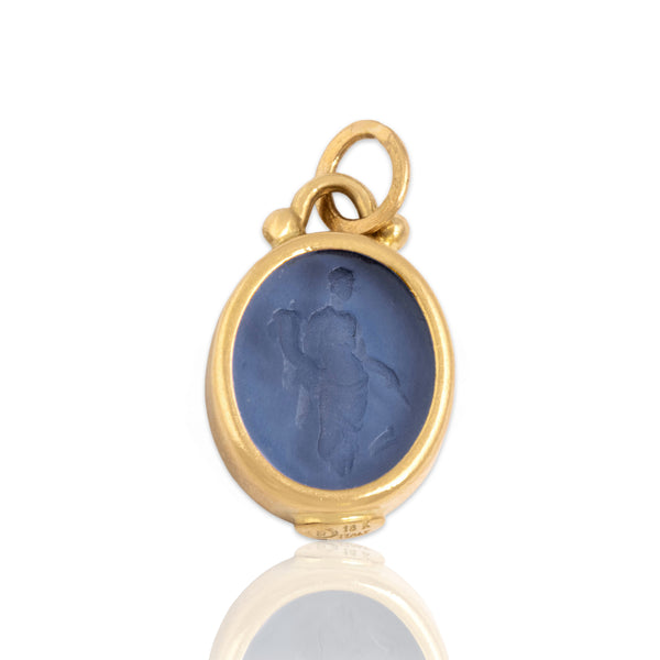 Vintage Italian 18k Yellow Gold Blue Glass Oval Intaglio Charm / Pendant
