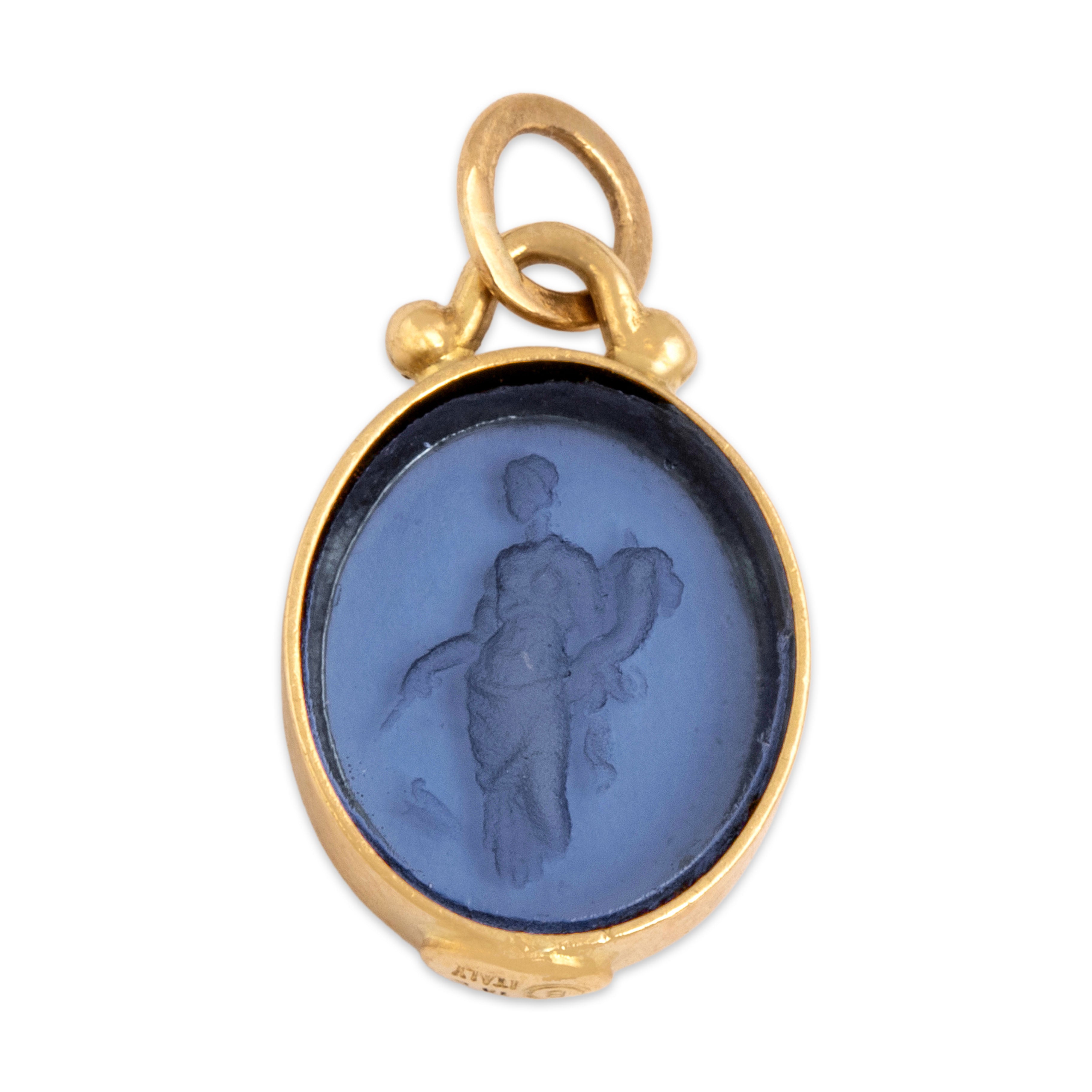 Vintage Italian 18k Yellow Gold Blue Glass Oval Intaglio Charm / Pendant