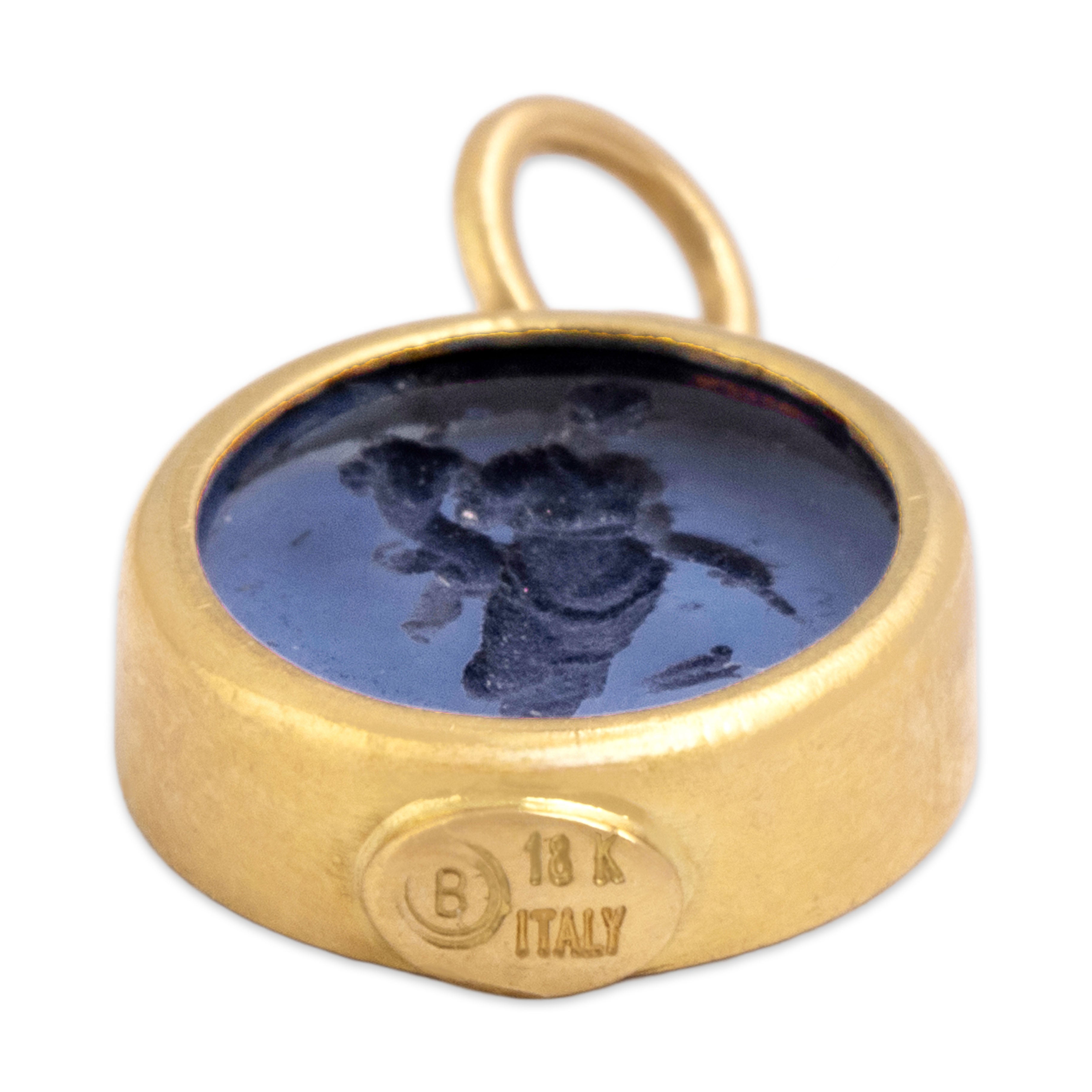 Vintage Italian 18k Yellow Gold Blue Glass Oval Intaglio Charm / Pendant