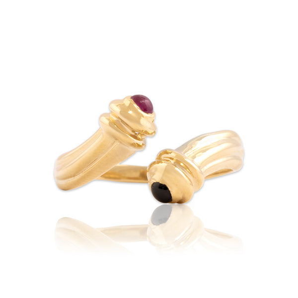 Vintage 14k Yellow Gold Ruby Dark Blue Sapphire Sleek Cabochon Bypass Ring 8.50