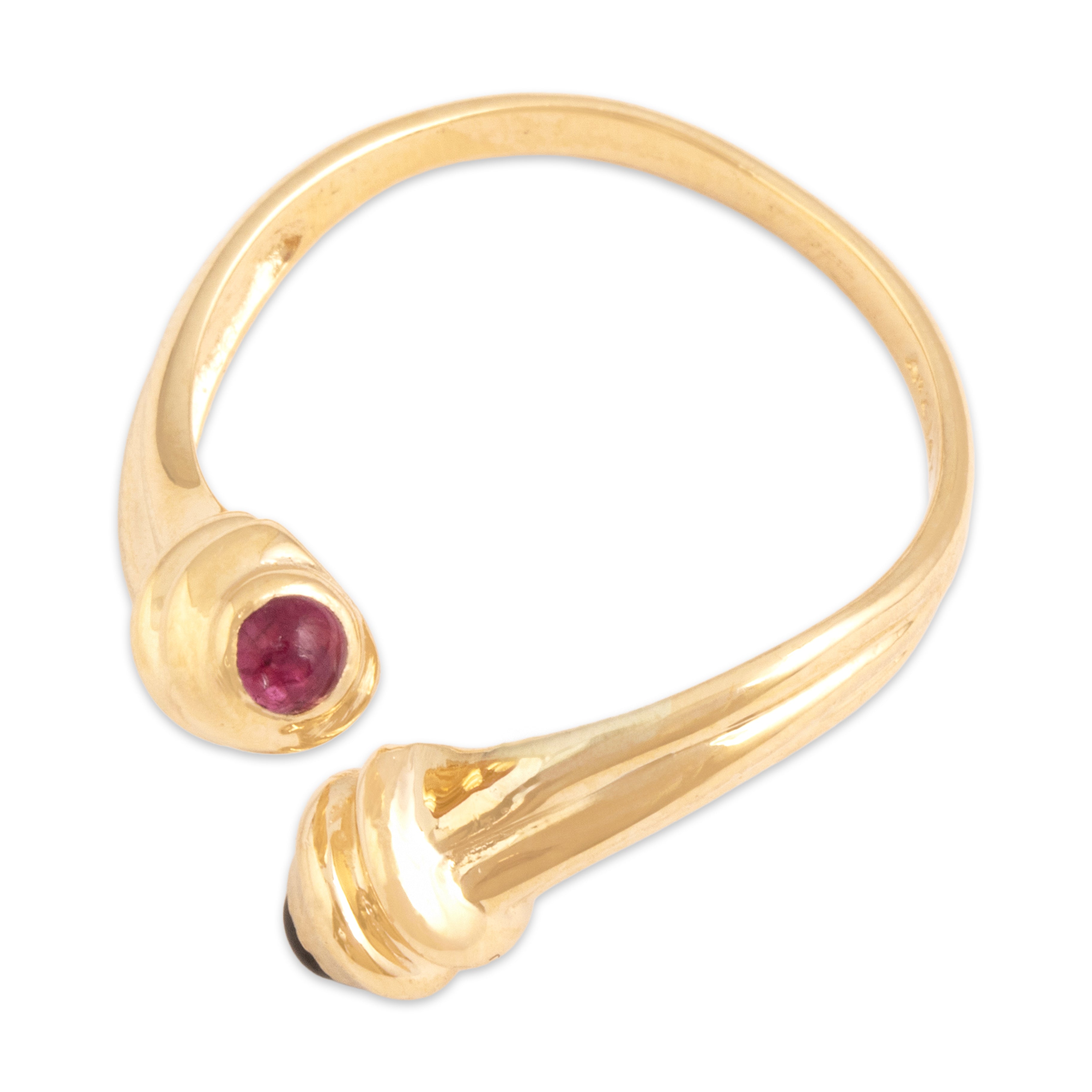 Vintage 14k Yellow Gold Ruby Dark Blue Sapphire Sleek Cabochon Capped Bypass Ring - Overall view