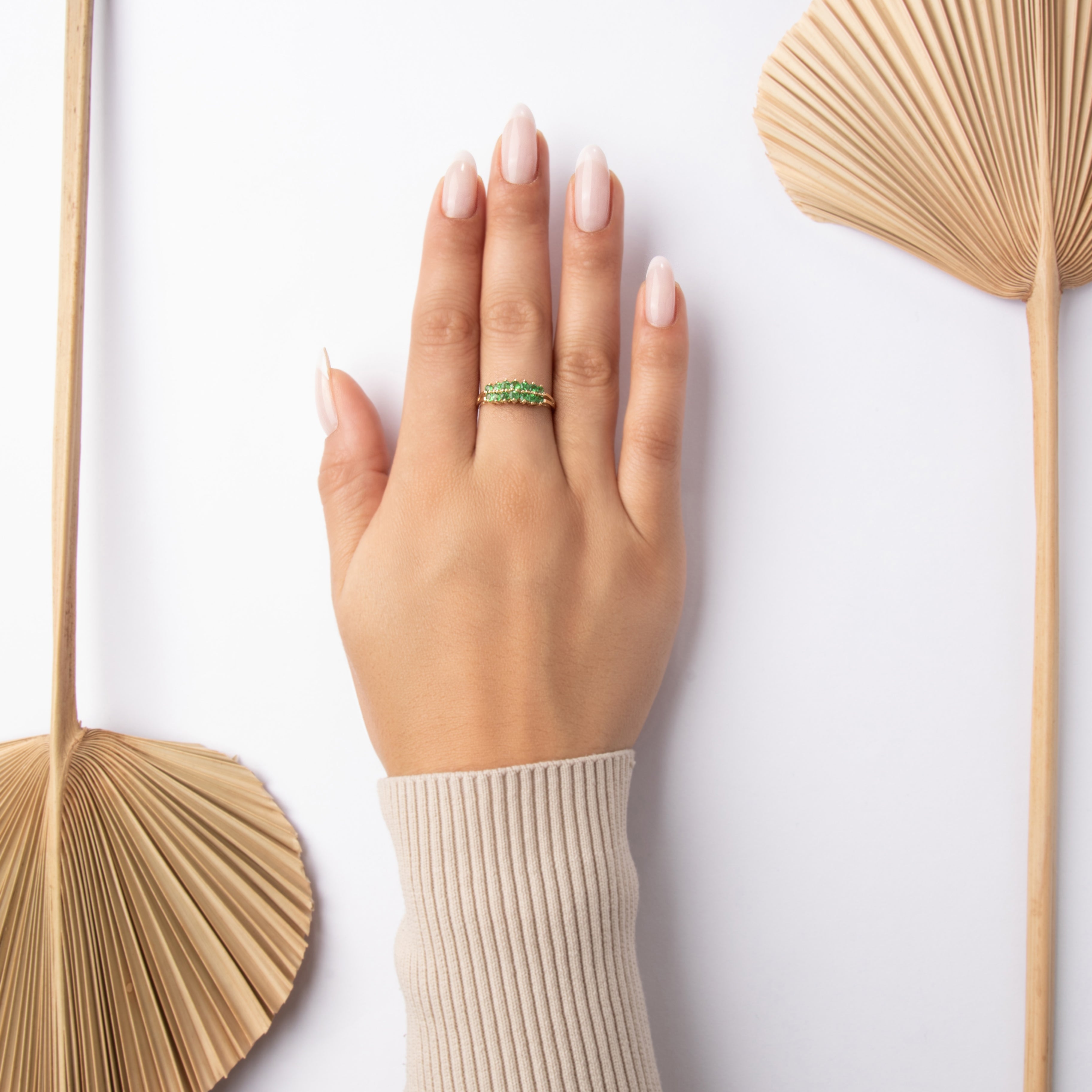 Vintage 14k Yellow Gold .73cttw Green Garnet Bright Chevron Line Ring - On model view