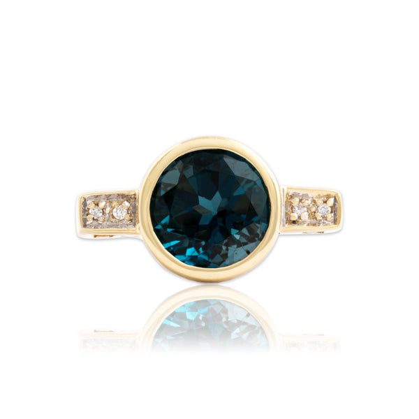 Vintage 14k Yellow Gold 4.15ct London Blue Topaz Diamond Bold Bezel Ring 10.00