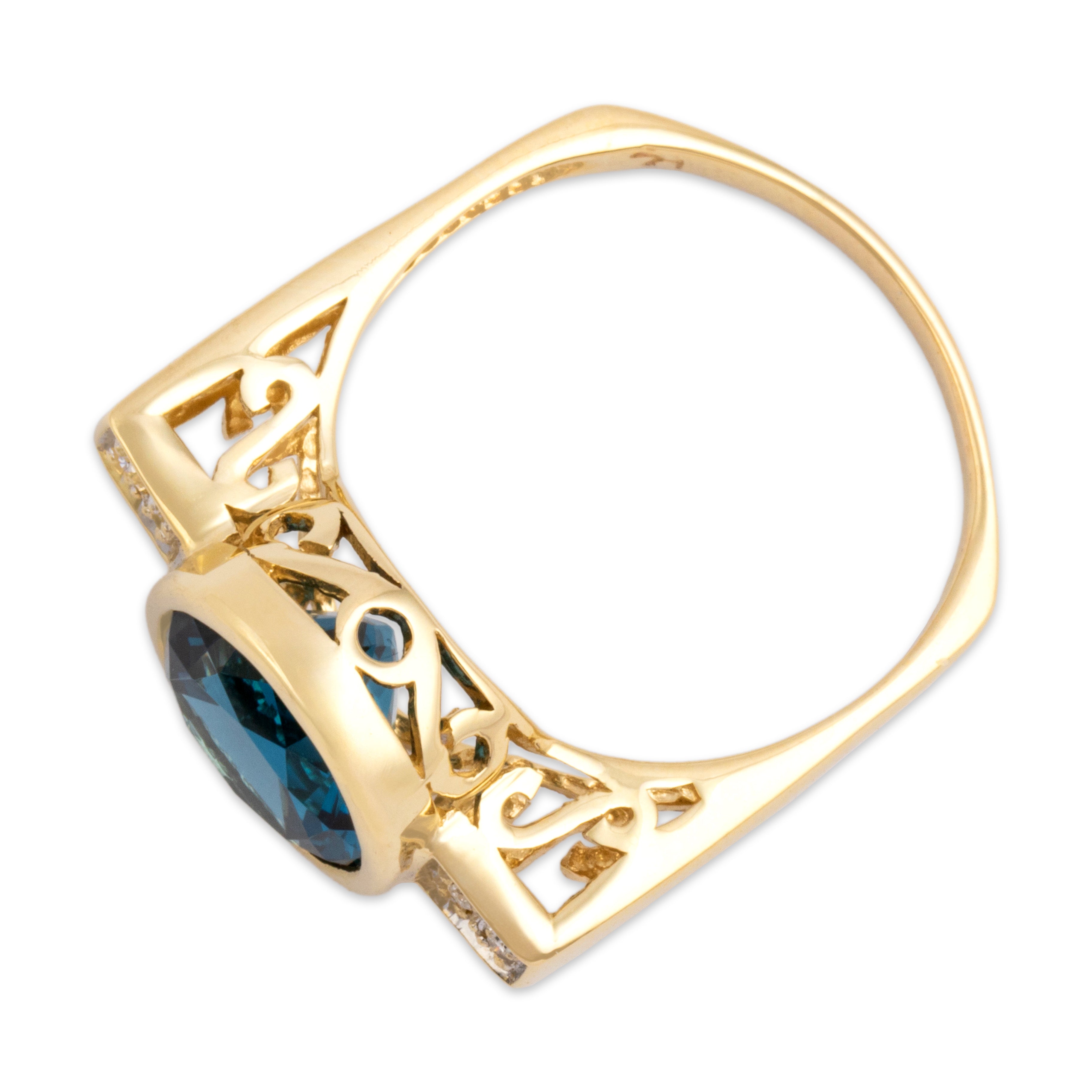 Vintage 14k Yellow Gold 4.15ct London Blue Topaz Diamond Bold Round Bezel Bar Ring - Overall view