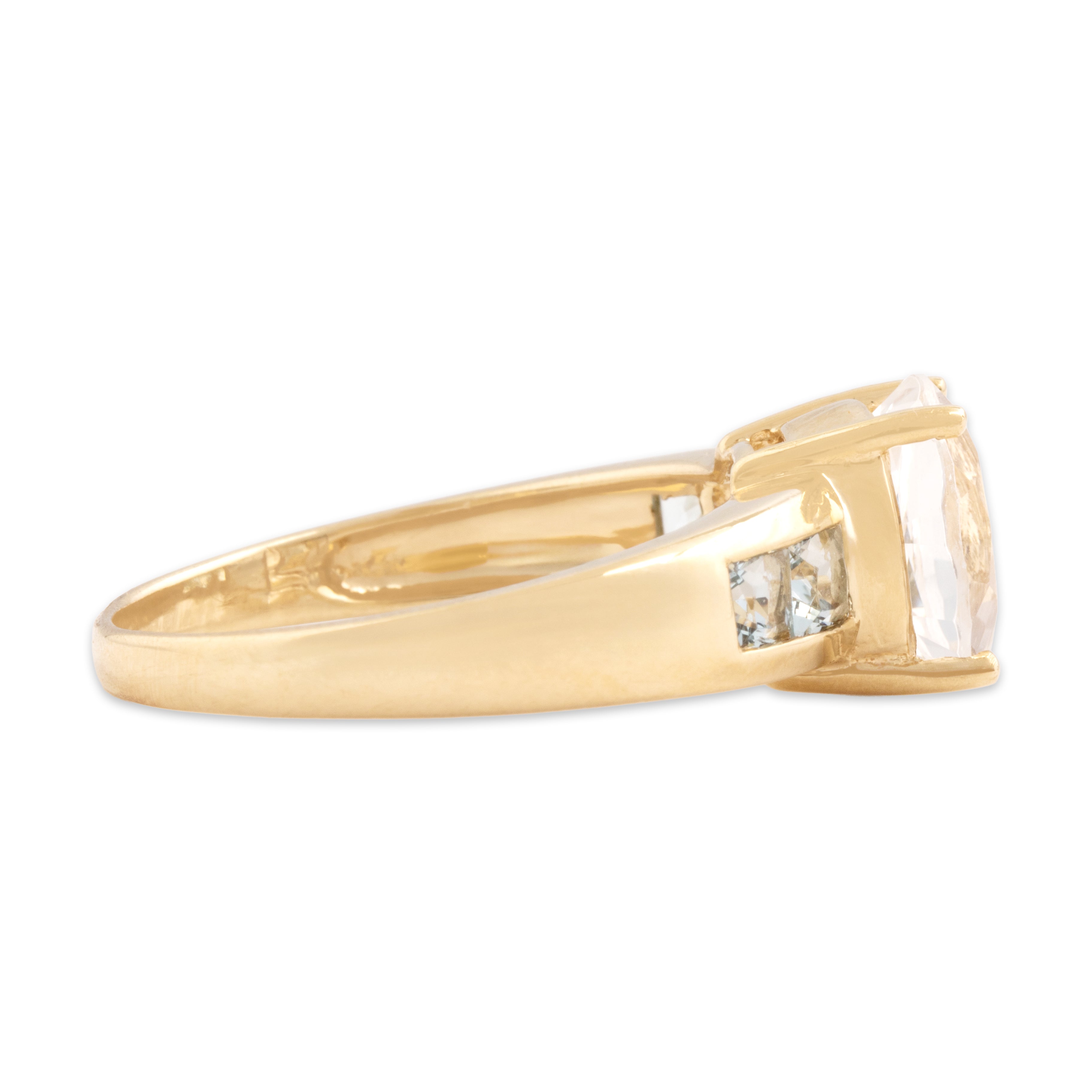 Vintage 14k Yellow Gold 4.22ct White Topaz .54cttw Aquamarine Flashing Aquatic Channel Shoulder Ring - Side view