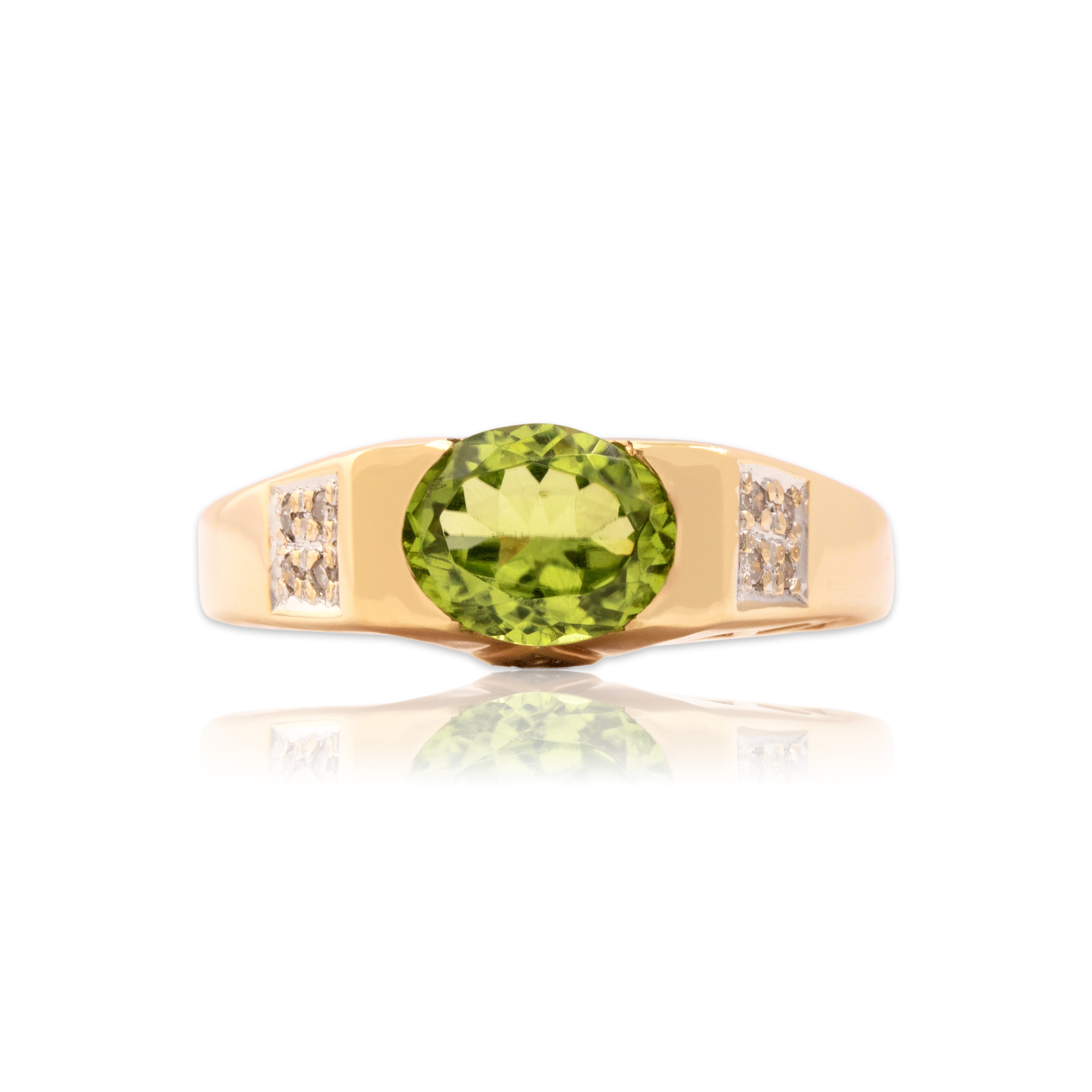 Vintage 14k Yellow Gold 1.68ct Peridot Diamond Sleek Tall Geometric East-West Ring - Close-up view
