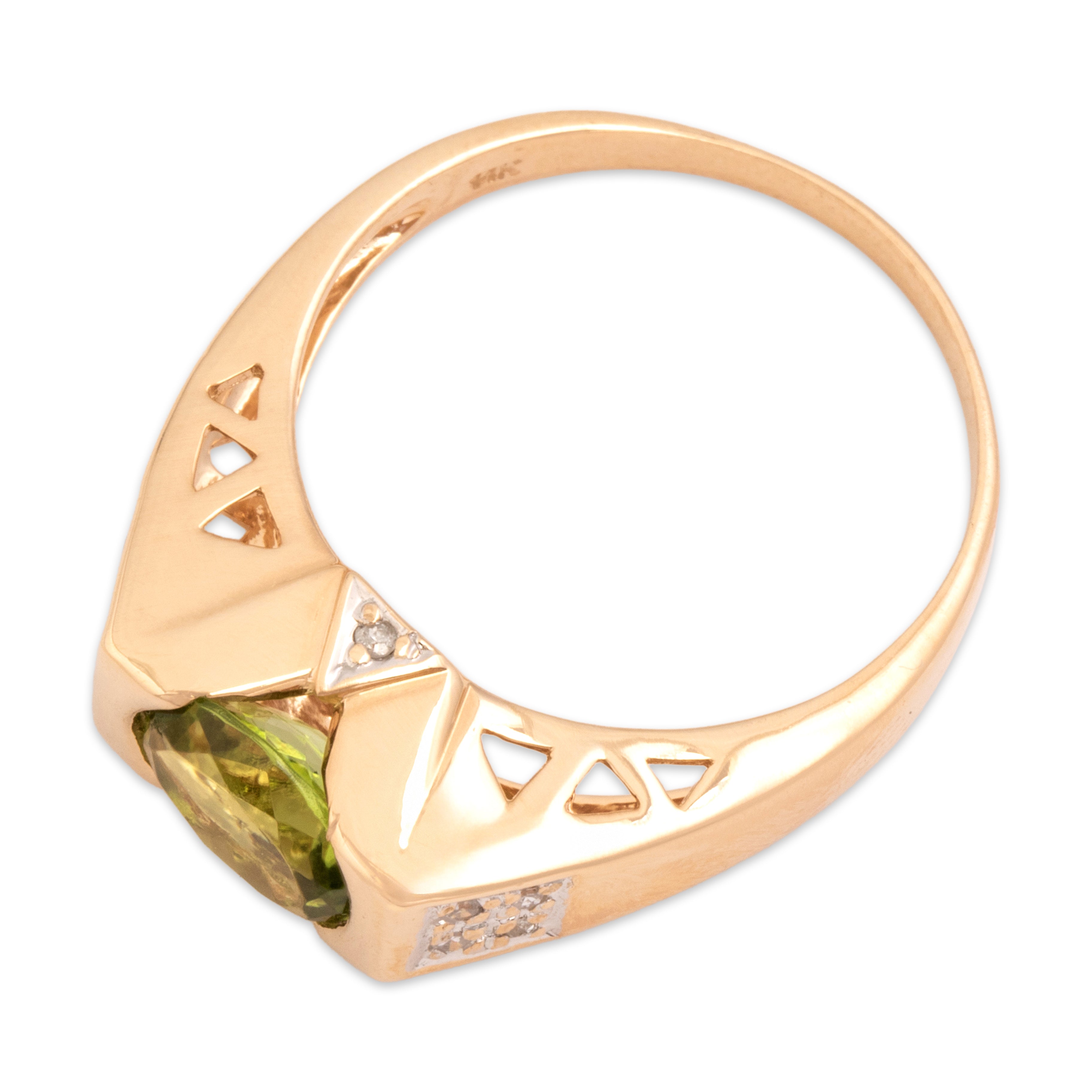 Vintage 14k Yellow Gold 1.68ct Peridot Diamond Sleek Tall Geometric East-West Ring - Overall view