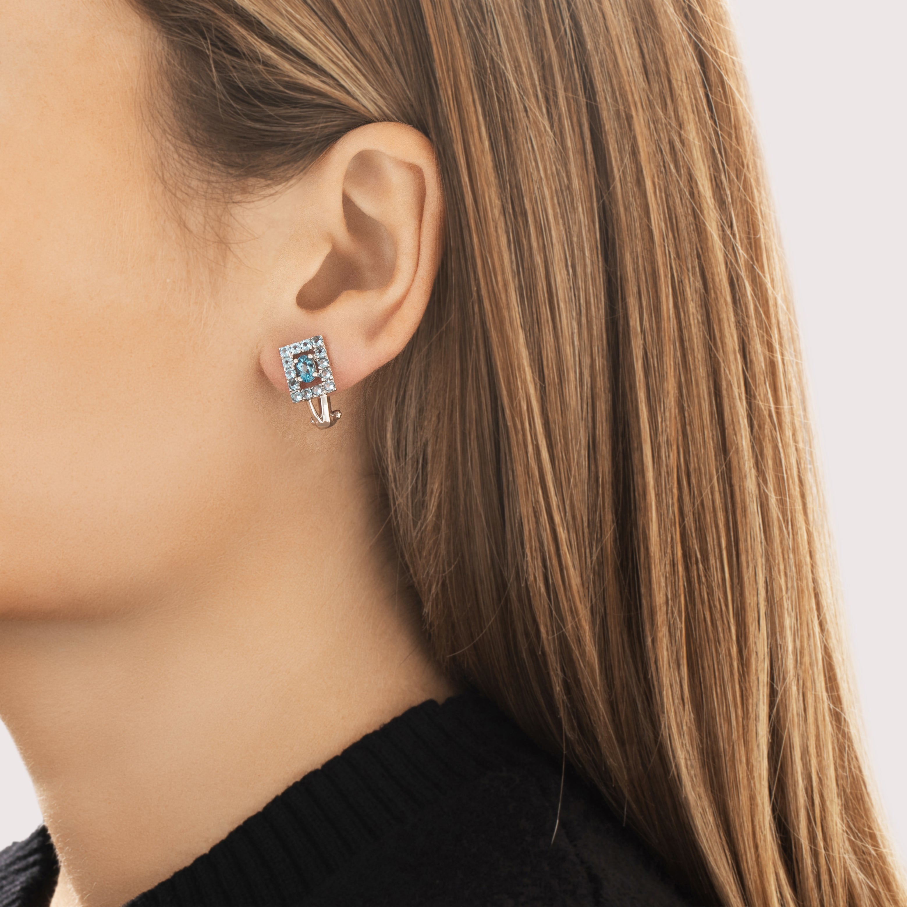 Vintage 14k White Gold 2.32cttw Blue Topaz Bright Checkerboard Frame Omega-Back Earrings - On model view