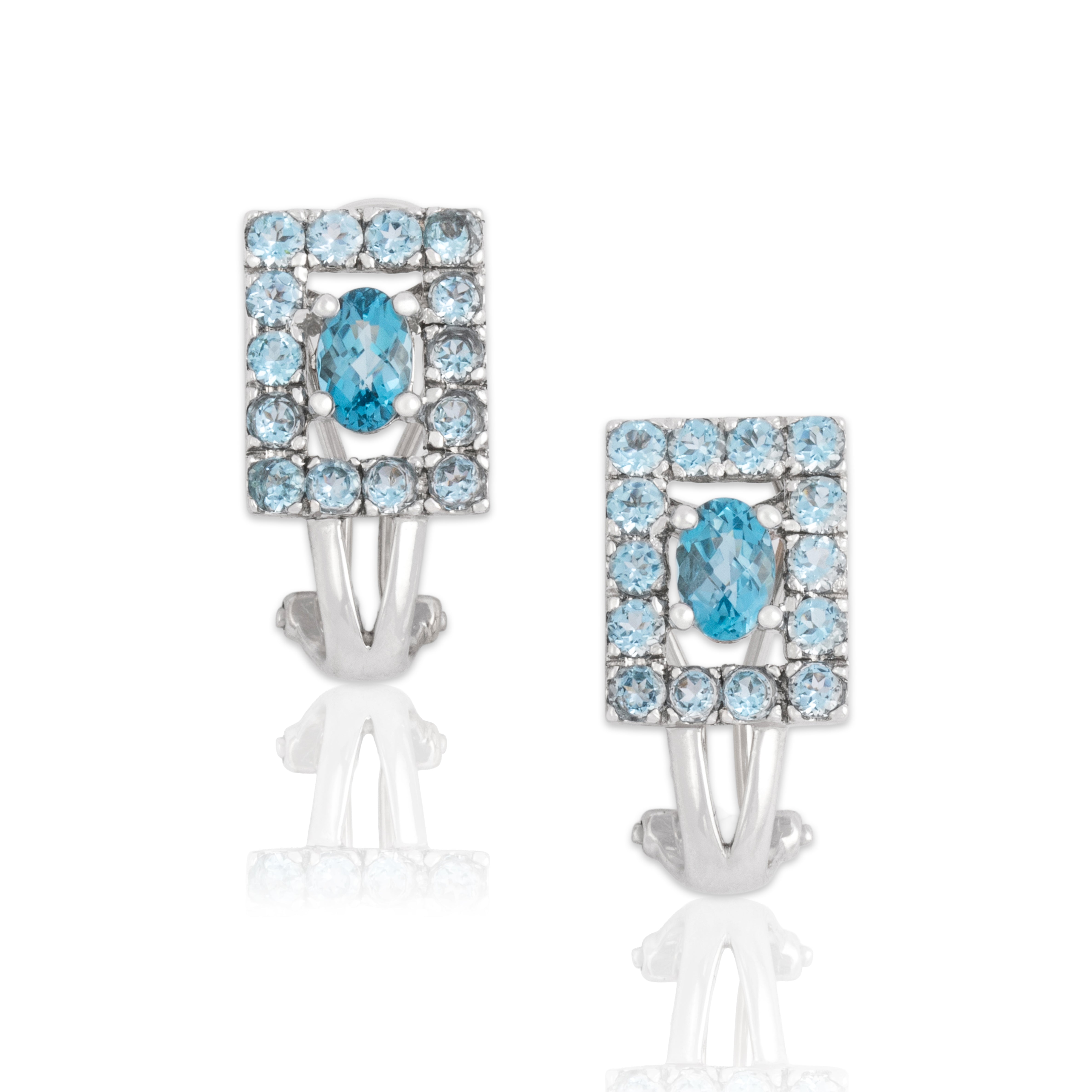 Vintage 14k White Gold 2.32cttw Blue Topaz Bright Checkerboard Frame Omega-Back Earrings - Close-up view