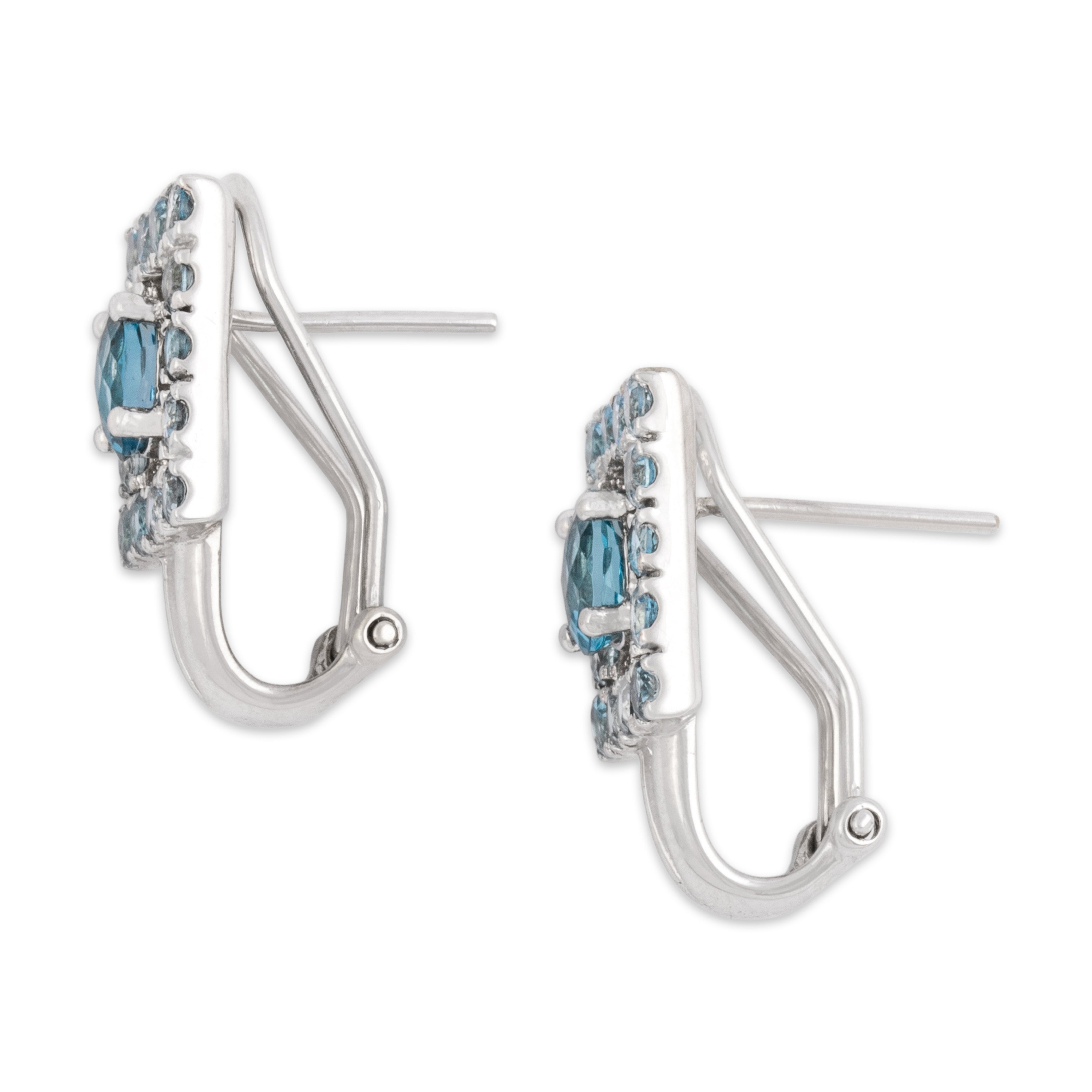 Vintage 14k White Gold 2.32cttw Blue Topaz Bright Checkerboard Frame Omega-Back Earrings - Side view