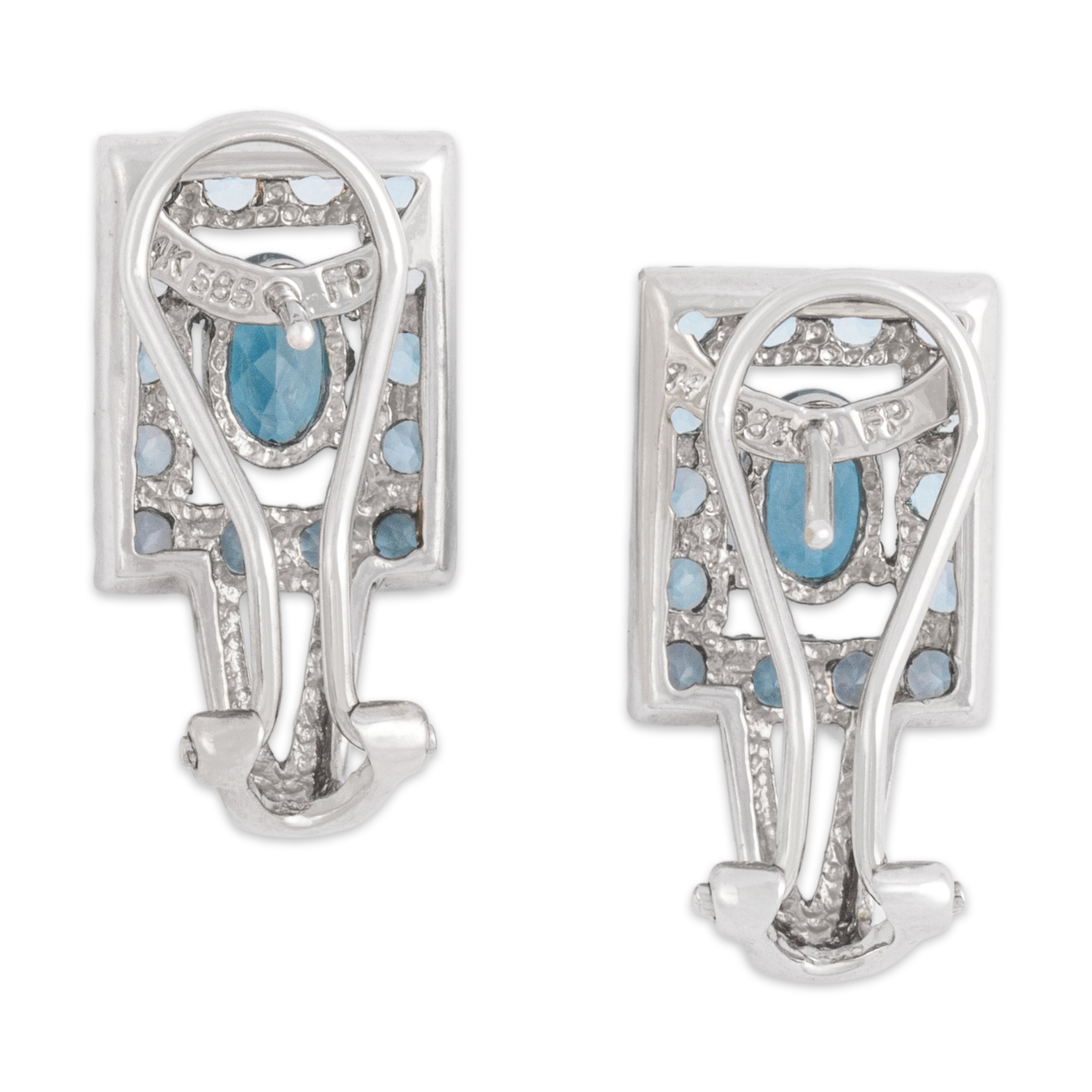 Vintage 14k White Gold 2.32cttw Blue Topaz Bright Checkerboard Frame Omega-Back Earrings - Back view