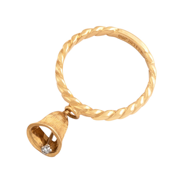 Vintage 14k Yellow Gold Diamond Textured Ringing Bell Dangle Ring 6.75