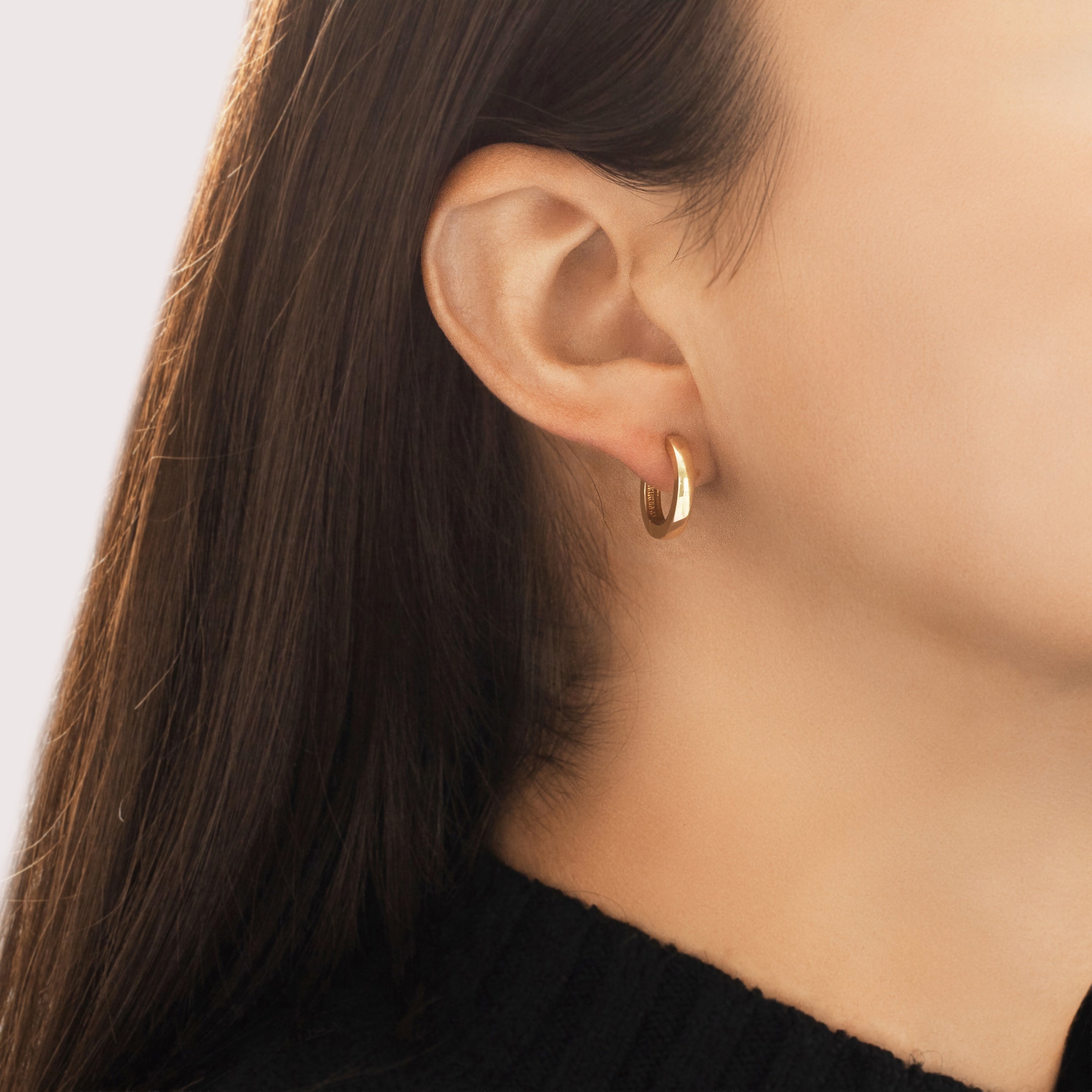 Vintage Small 14k Yellow Gold Chic Huggie Hoop Earrings - On model view