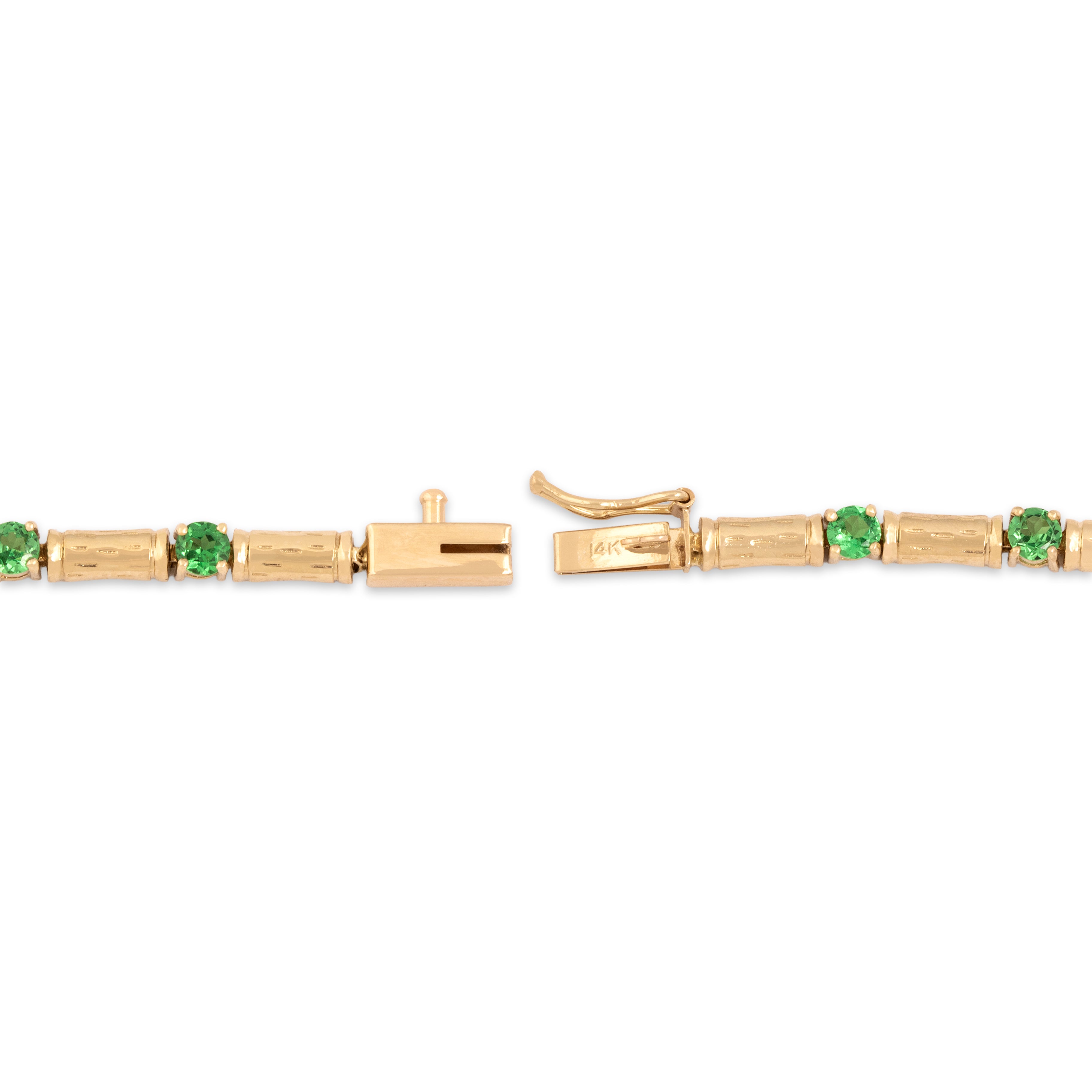 Vintage 14k Yellow Gold 1.59cttw Green Garnet Playful Vivid Textured Line Bracelet - clasp view