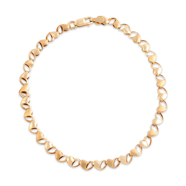 Vintage 14k Yellow Gold Brushed Romantic Heart Link Bracelet 7