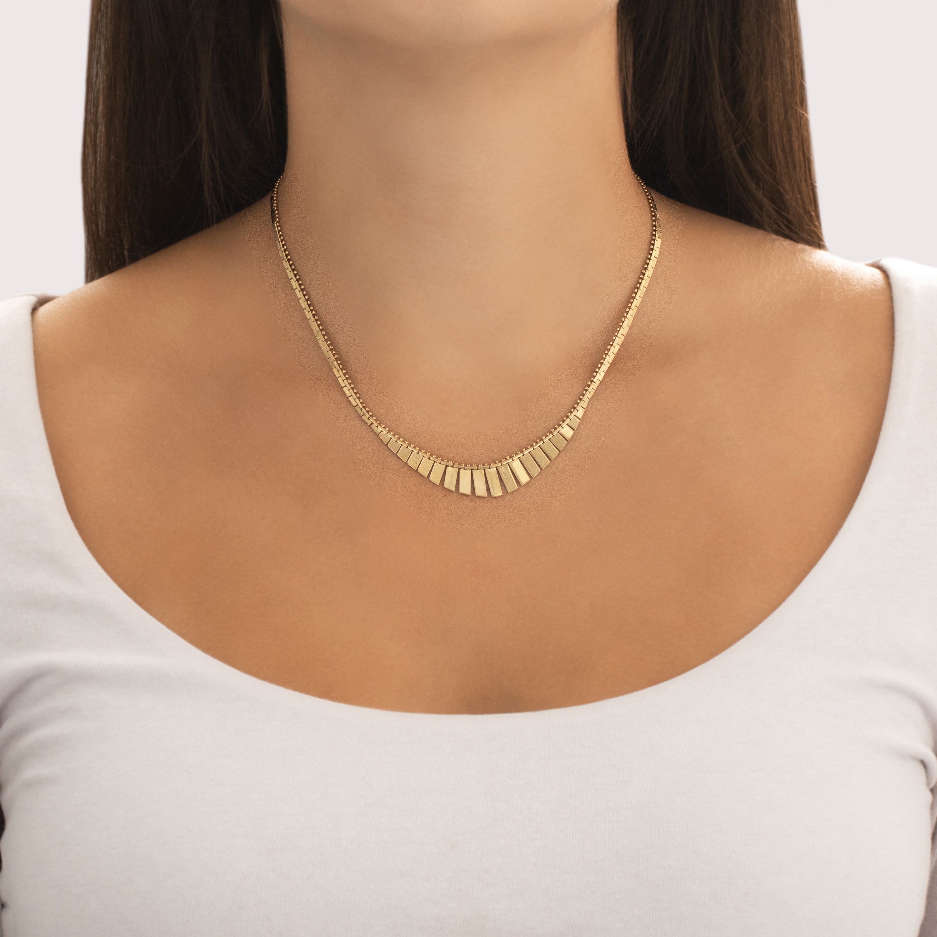 Vintage Italian 14k Yellow Gold Geometric Fringe Necklace - On model view