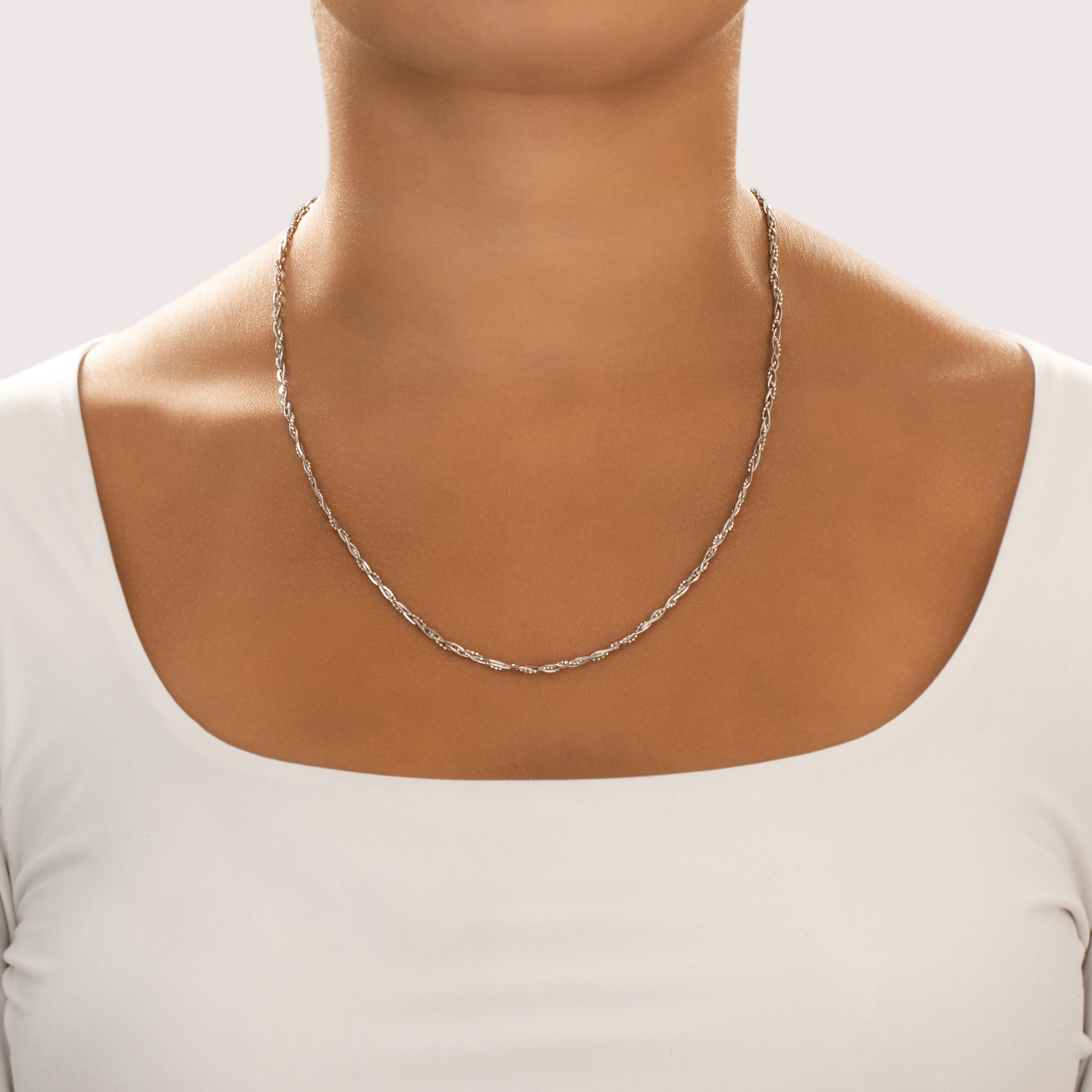 Vintage Italian 14k White Gold Glittering Multi-Chain Braid Necklace - On model view