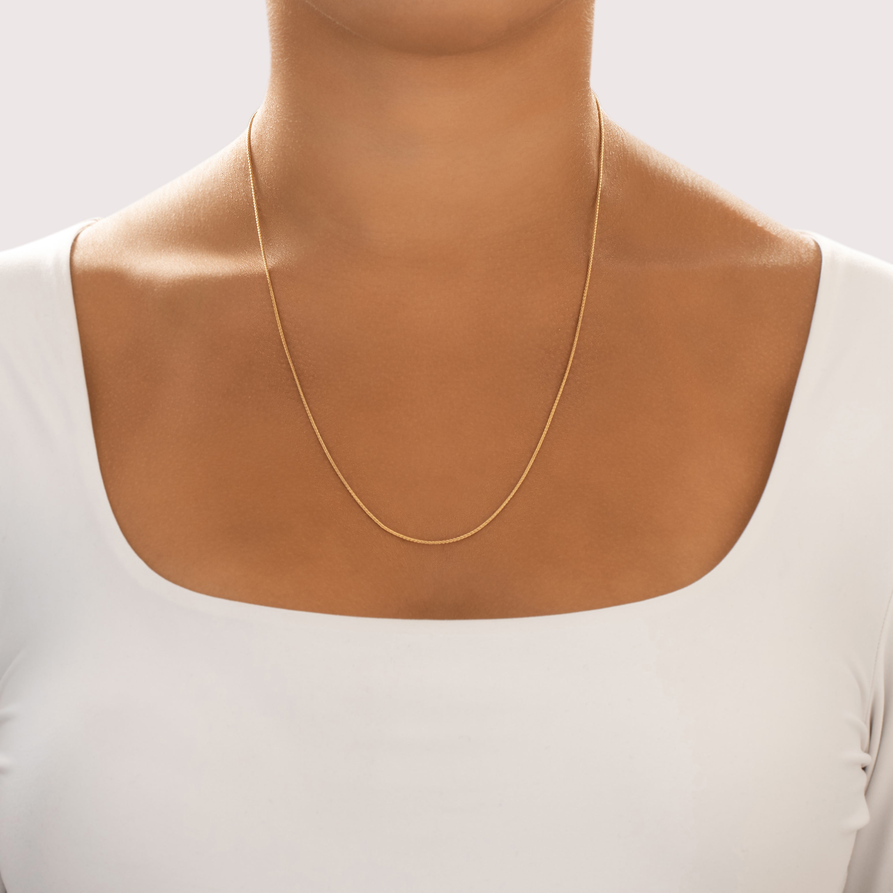 Vintage Italian 14k Yellow Gold 1mm Wonderful Wheat Adjustable Chain - On model view