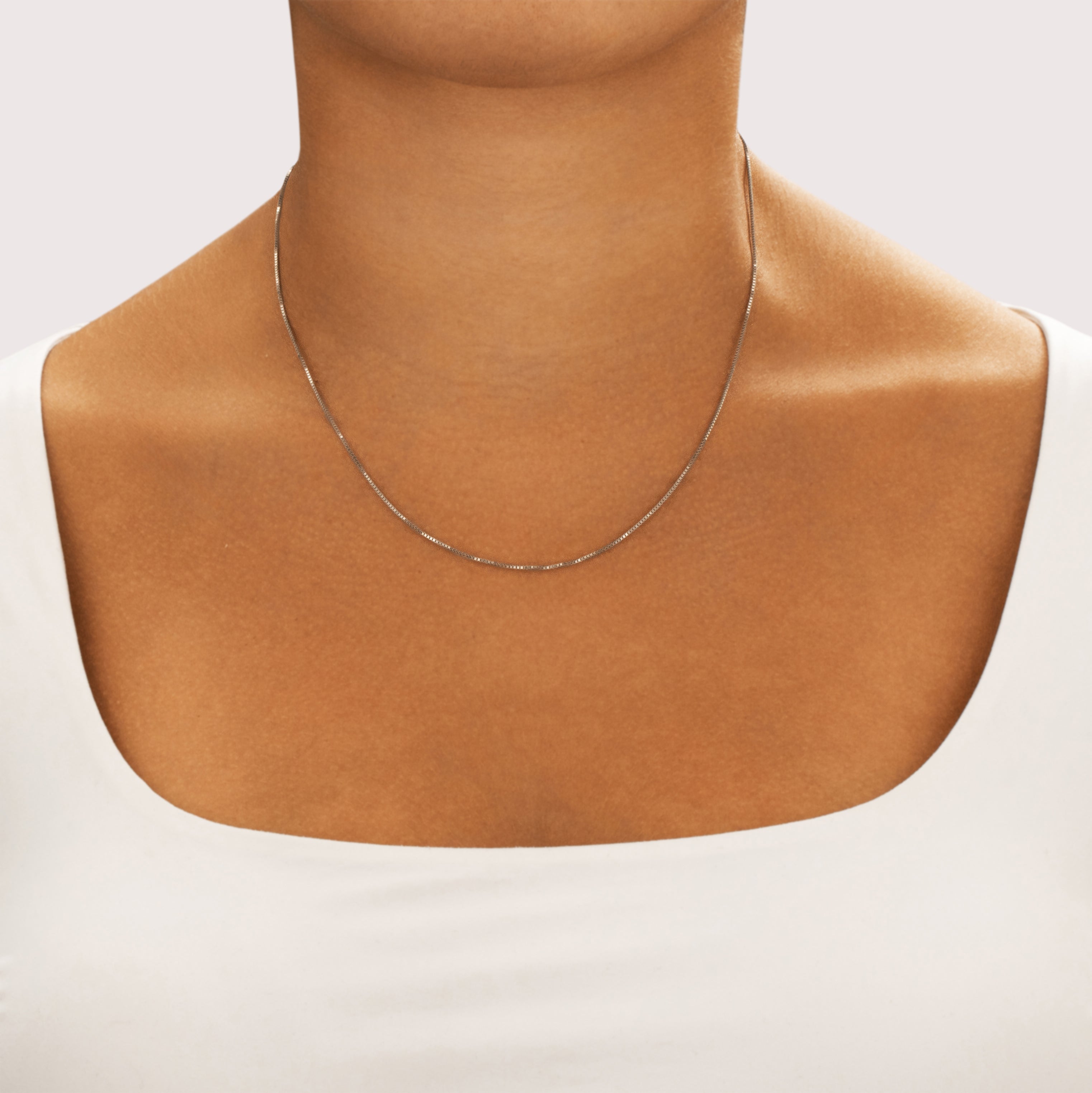 Vintage 14k White Gold .9mm Classic Box Chain - On model view