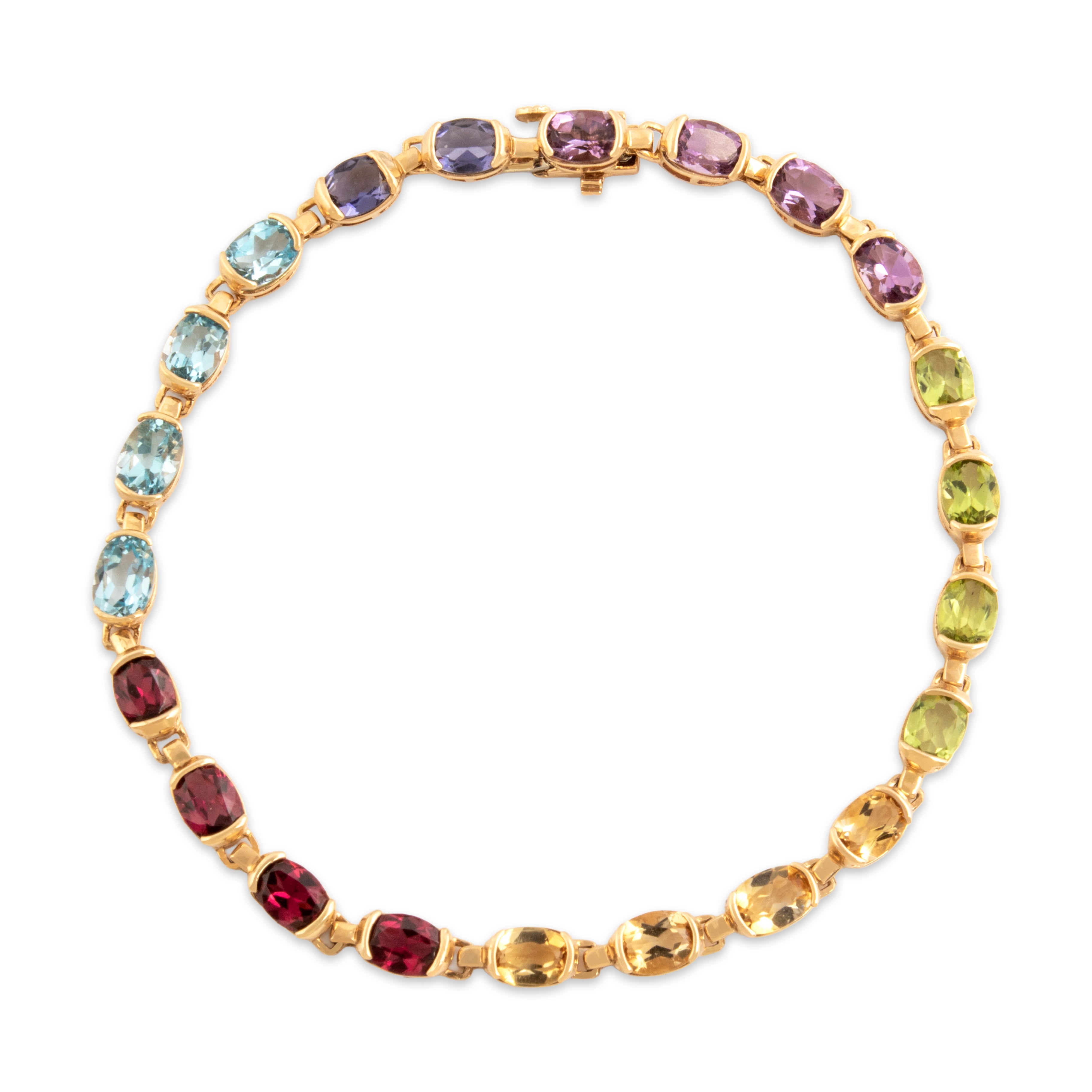 Vintage 14k Yellow Gold 2.0cttw Blue Topaz 1.65cttw Pink Garnet 1.41cttw Amethyst 1.33cttw Peridot 1.25cttw Citrine Iolite Chic Partial Bezel Rainbow Bracelet - Close-up view