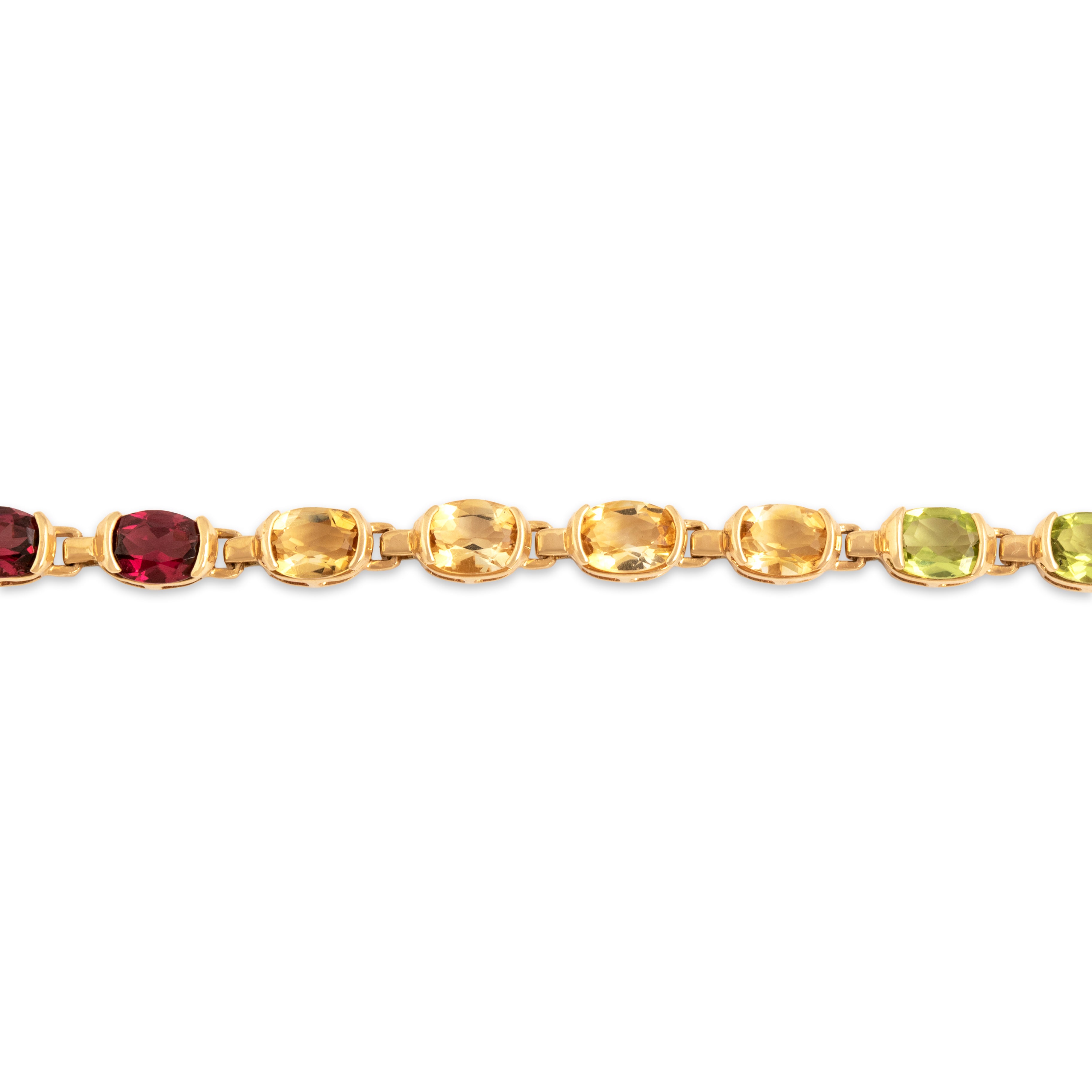 Vintage 14k Yellow Gold 2.0cttw Blue Topaz 1.65cttw Pink Garnet 1.41cttw Amethyst 1.33cttw Peridot 1.25cttw Citrine Iolite Chic Partial Bezel Rainbow Bracelet - detail view #1
