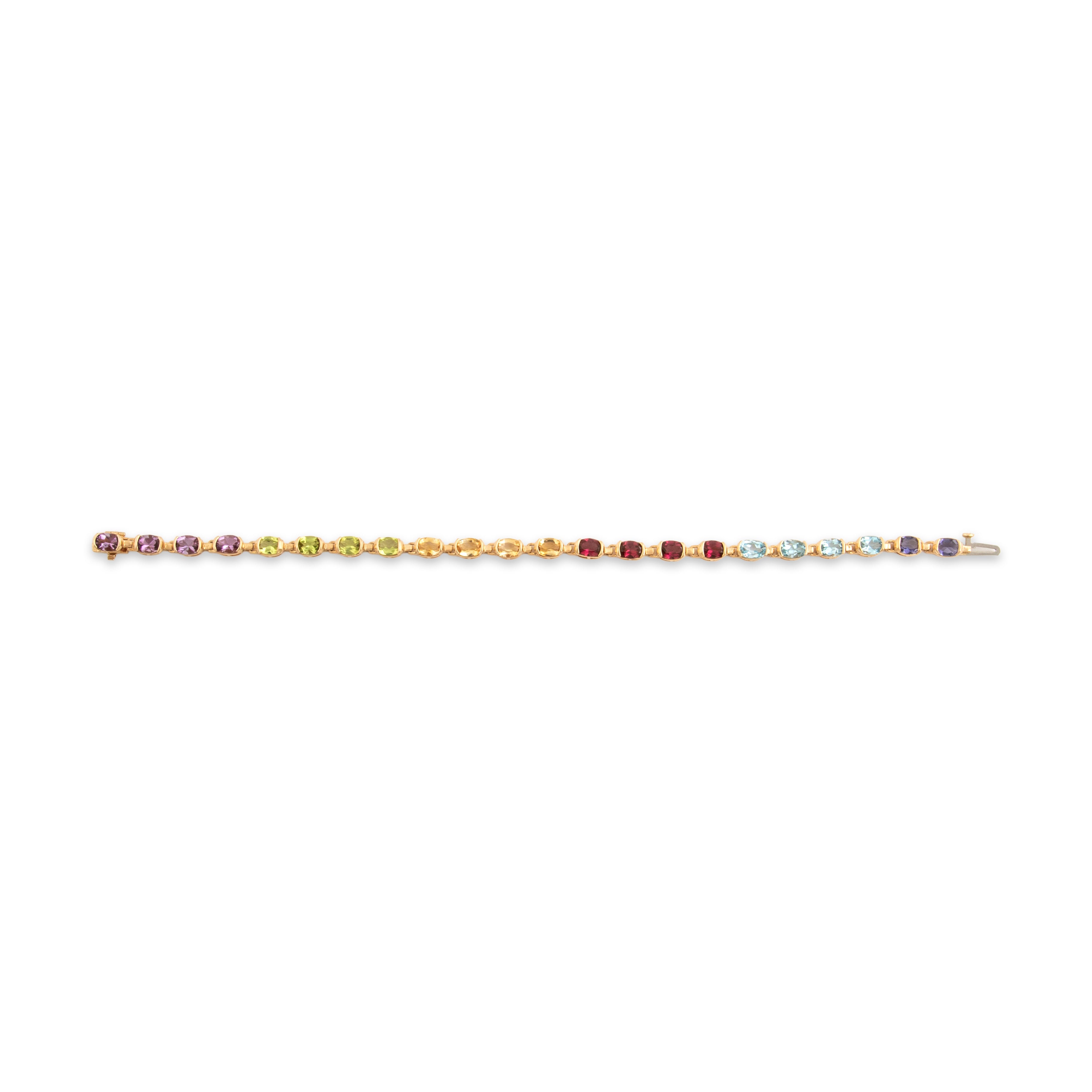 Vintage 14k Yellow Gold 2.0cttw Blue Topaz 1.65cttw Pink Garnet 1.41cttw Amethyst 1.33cttw Peridot 1.25cttw Citrine Iolite Chic Partial Bezel Rainbow Bracelet - Overall view