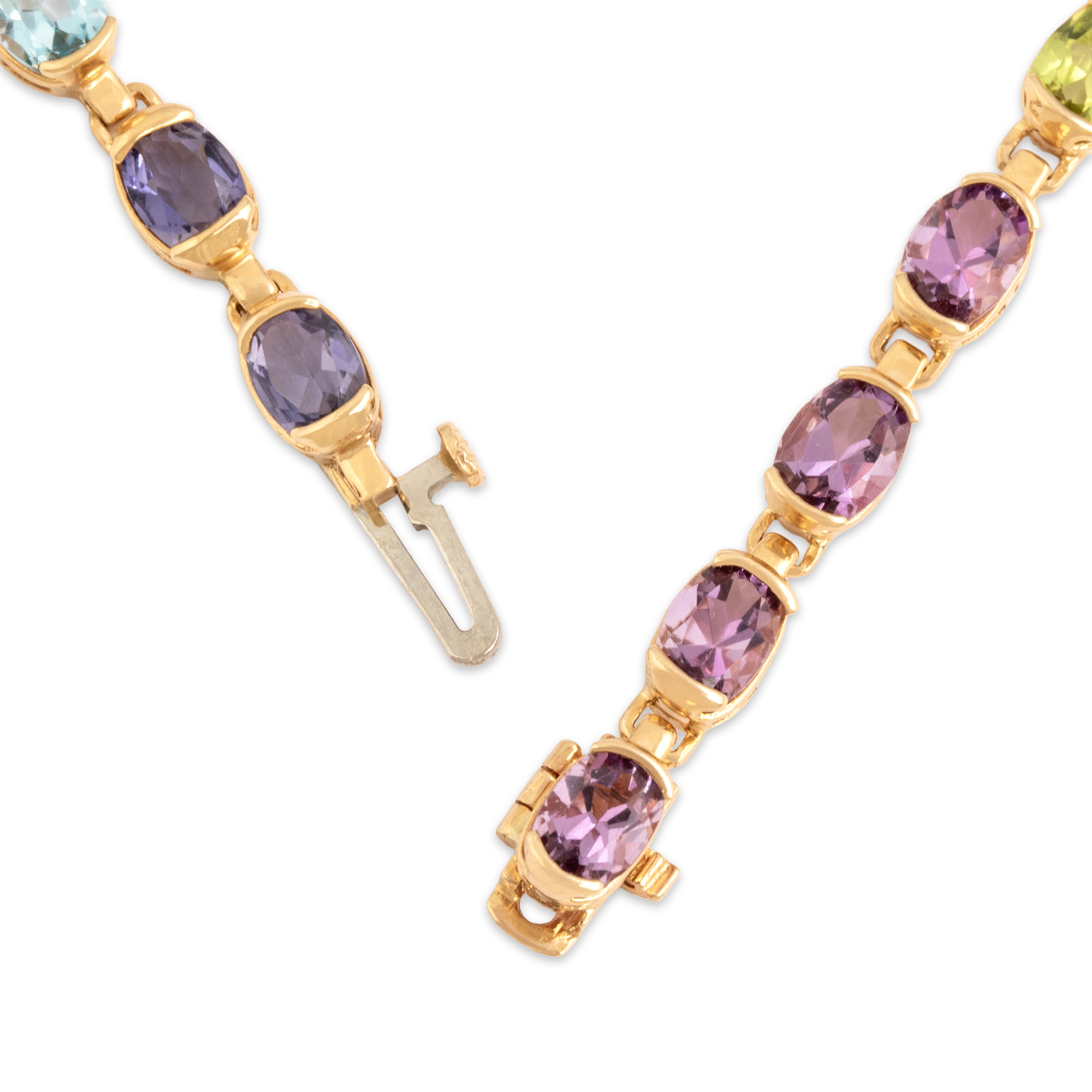 Vintage 14k Yellow Gold 2.0cttw Blue Topaz 1.65cttw Pink Garnet 1.41cttw Amethyst 1.33cttw Peridot 1.25cttw Citrine Iolite Chic Partial Bezel Rainbow Bracelet - clasp view