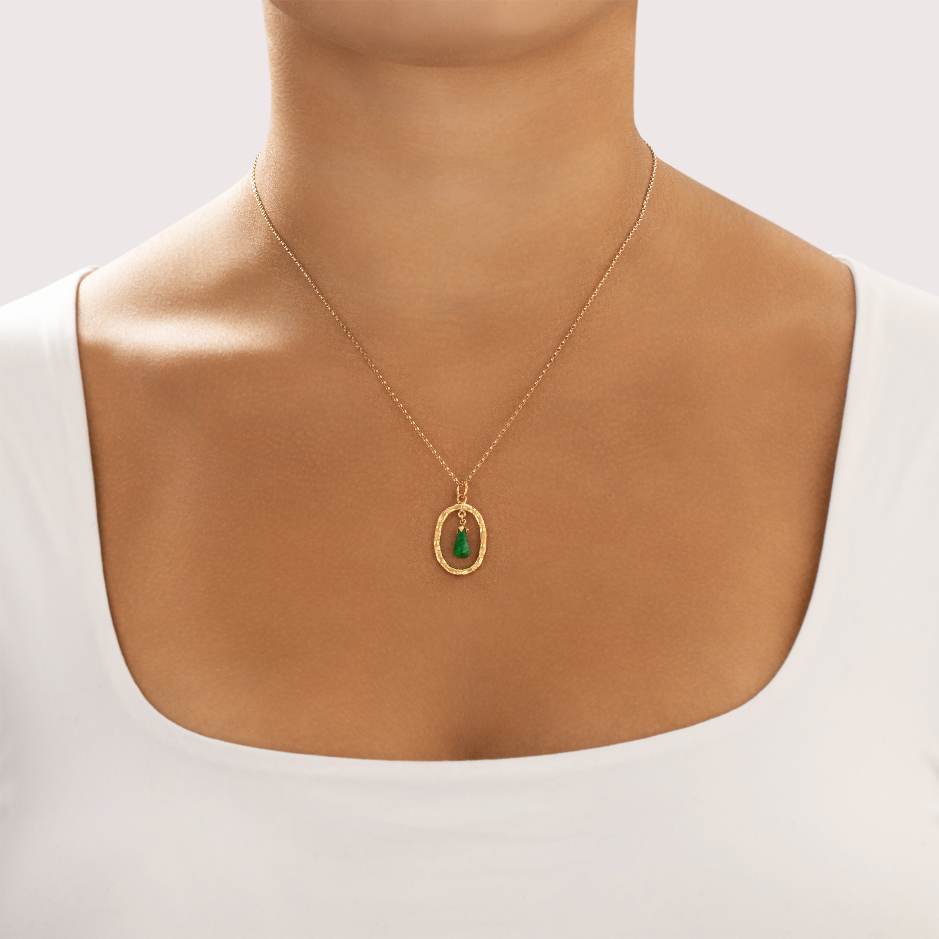 Vintage 22k Yellow Gold 1.38ct Jade Naturalistic Bamboo Frame Dangle Pendant - On model view