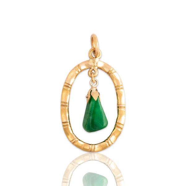 Vintage 22k Yellow Gold 1.38ct Jade Naturalistic Bamboo Frame Dangle Pendant