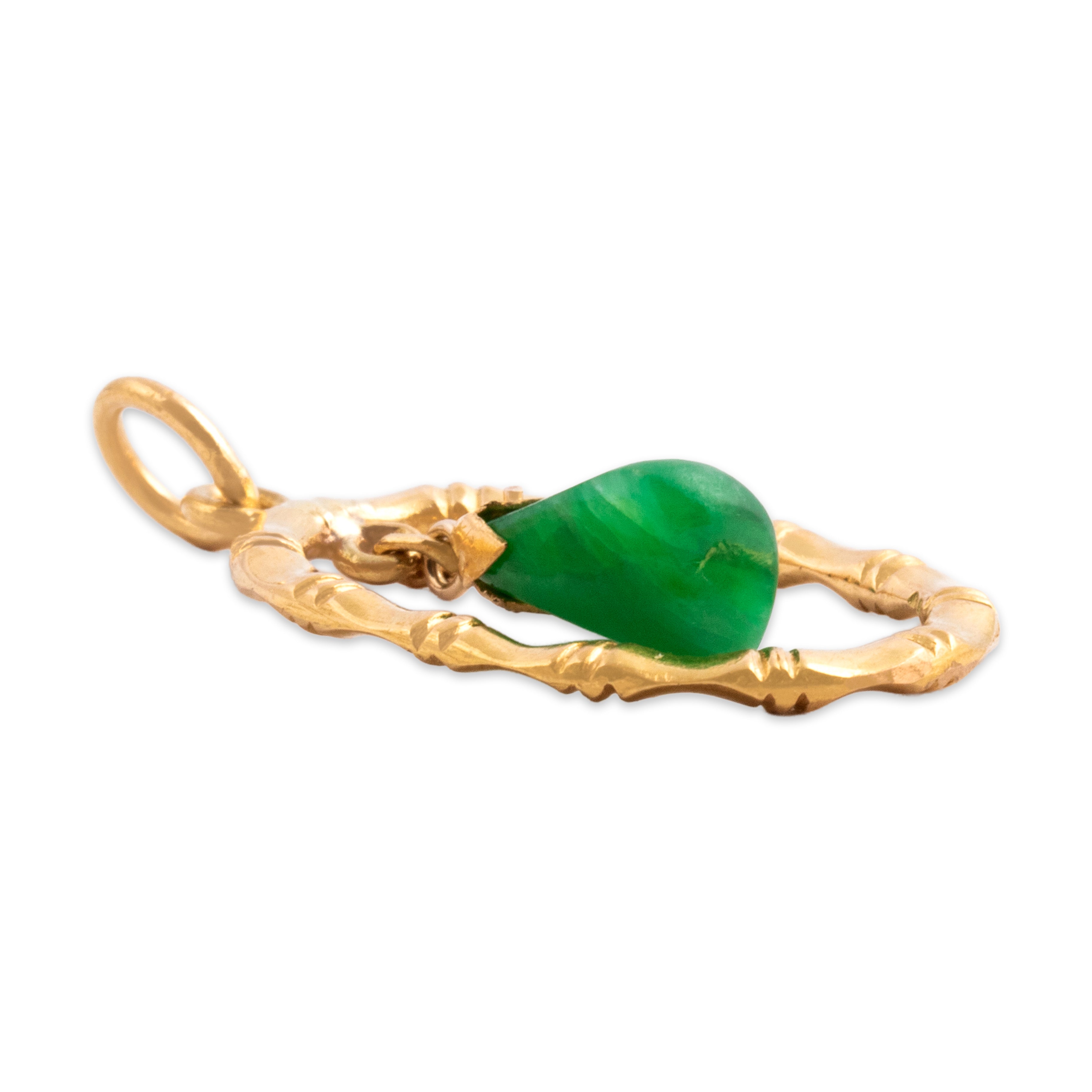 Vintage 22k Yellow Gold 1.38ct Jade Naturalistic Bamboo Frame Dangle Pendant - Side view