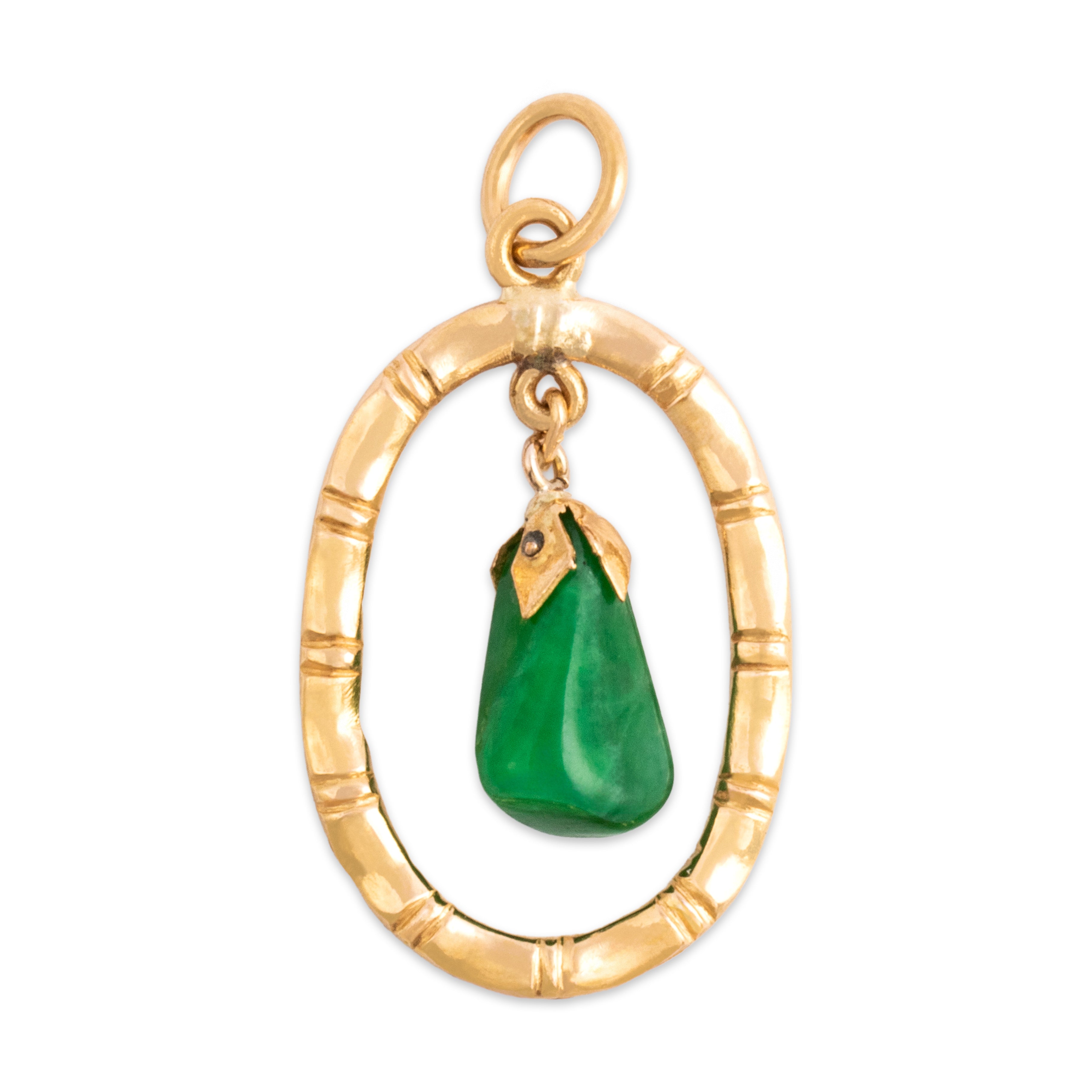Vintage 22k Yellow Gold 1.38ct Jade Naturalistic Bamboo Frame Dangle Pendant - Back view