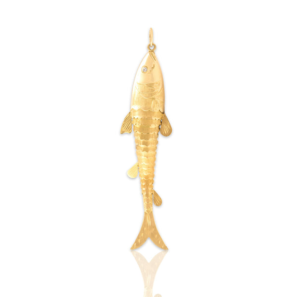Vintage Oversized 18k Yellow Gold Diamond Swimming Articulated Fish Pendant