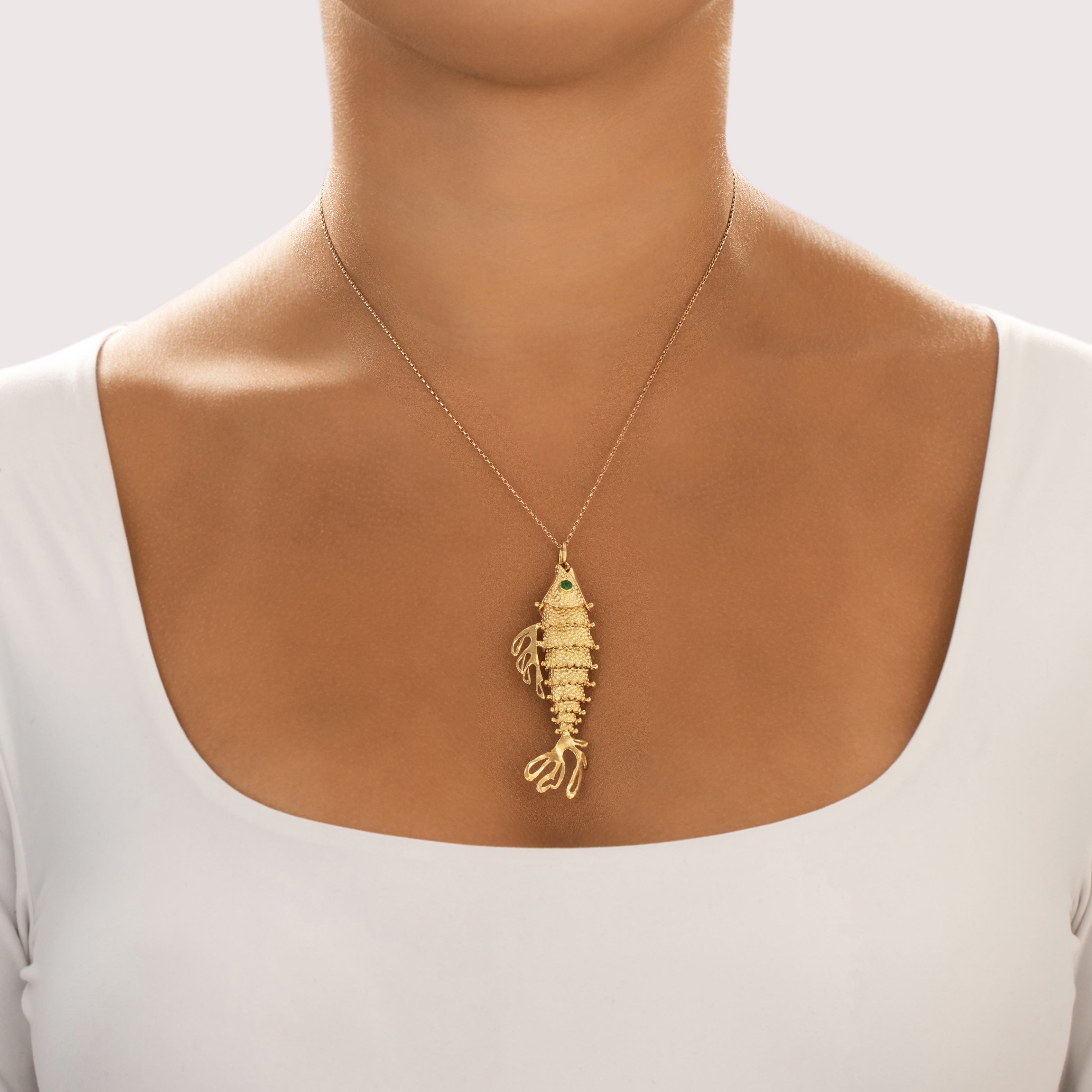 Vintage Italian Large 18k Yellow Gold Green Chalcedony Articulated Wiggling Fish Pendant - On model view