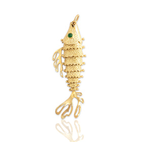 Vintage Italian Large 18k Yellow Gold Green Glass Wiggling Fish Pendant