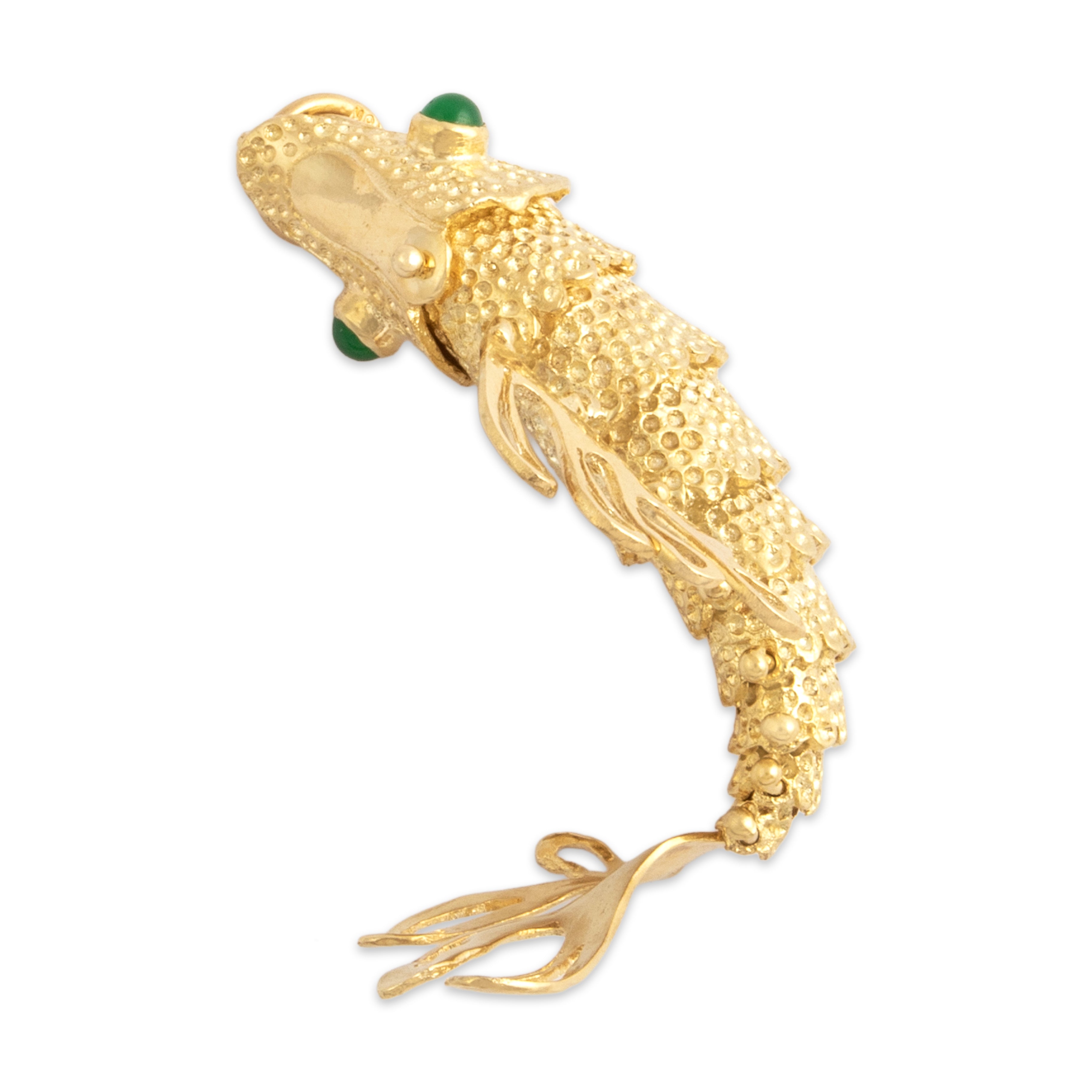 Vintage Italian Large 18k Yellow Gold Green Chalcedony Articulated Wiggling Fish Pendant - detail view #1
