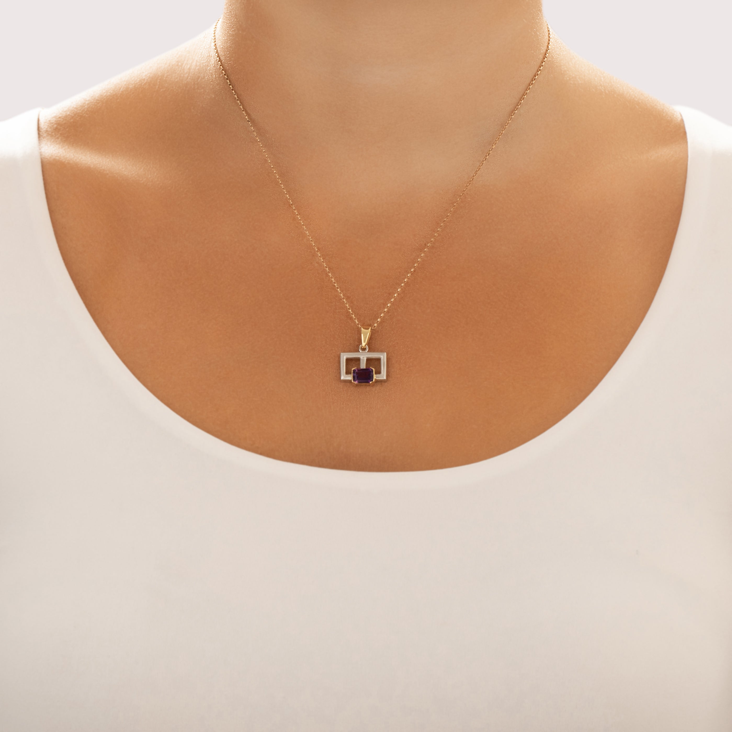 Vintage 18k White & Yellow Gold .89ct Amethyst Chic Geometric Pane Charm / Pendant - On model view