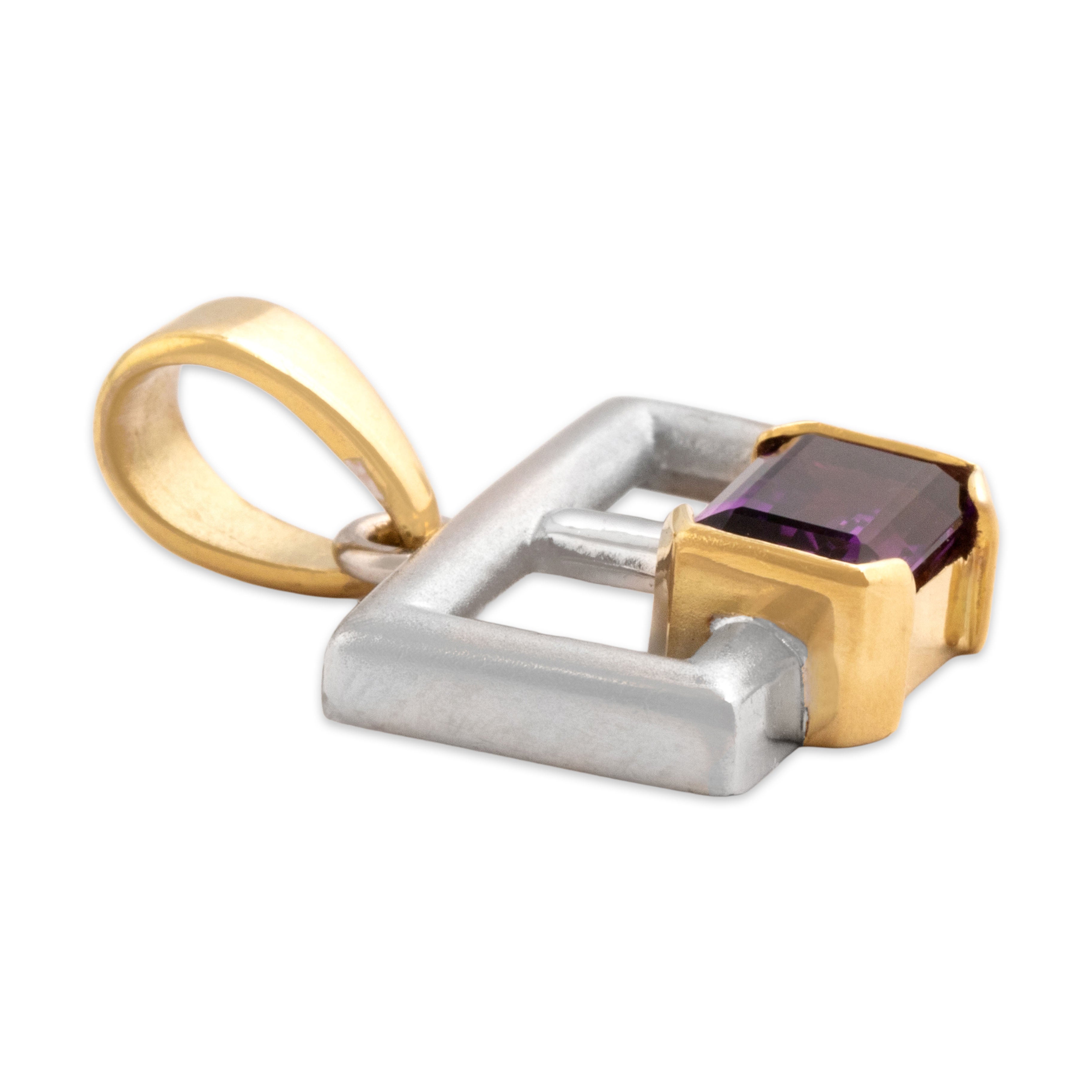 Vintage 18k White & Yellow Gold .89ct Amethyst Chic Geometric Pane Charm / Pendant