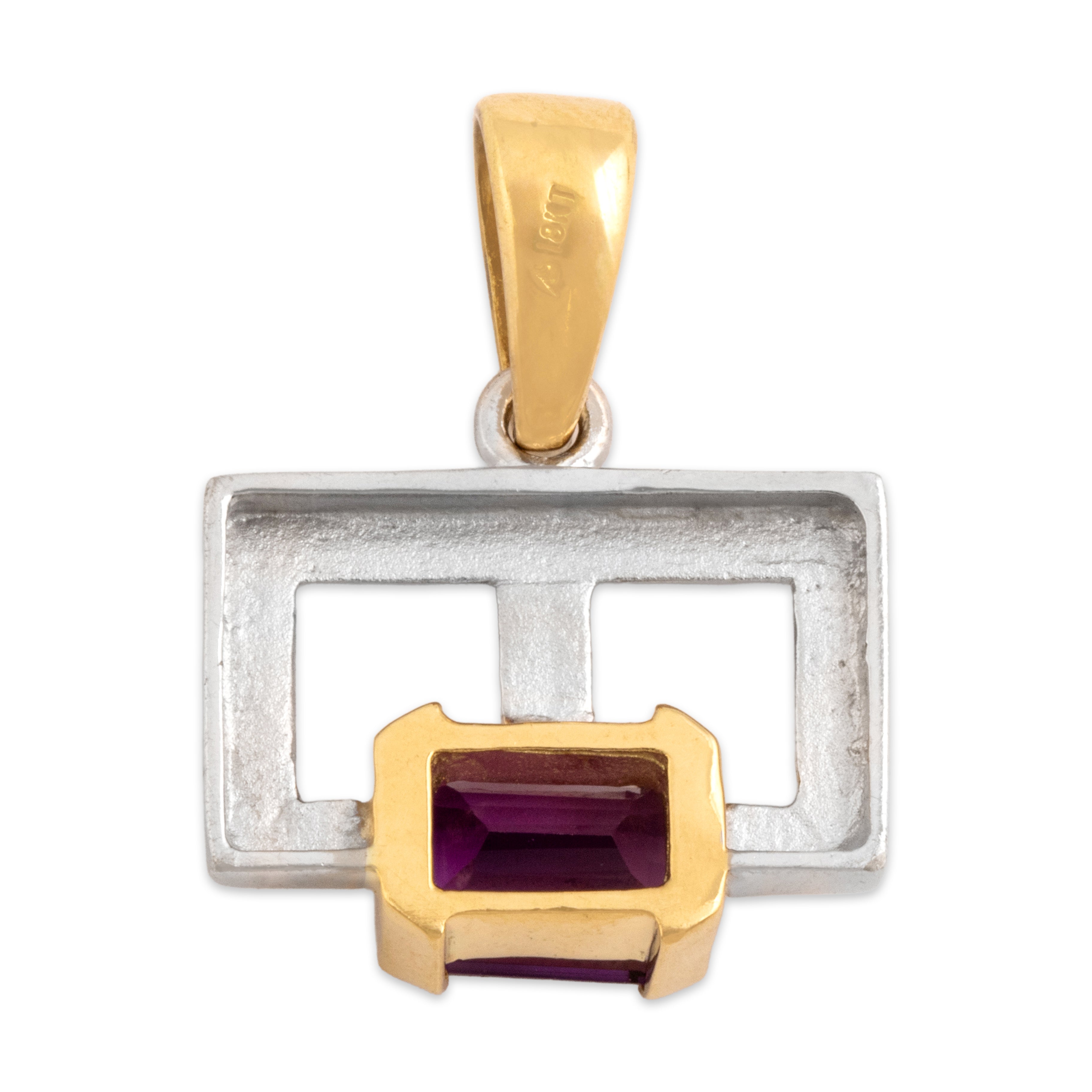 Vintage 18k White & Yellow Gold .89ct Amethyst Chic Geometric Pane Charm / Pendant - Back view