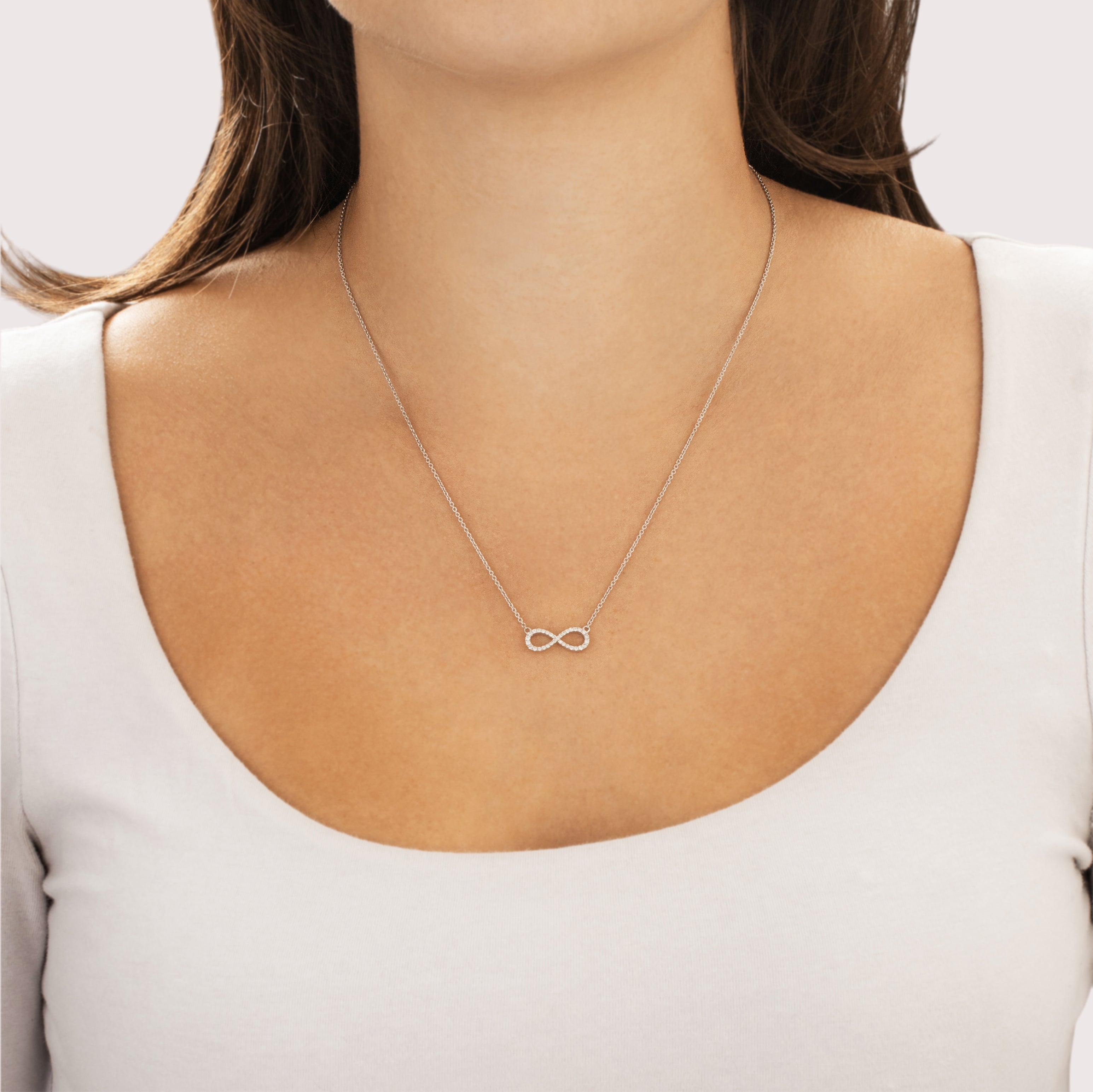 Estate 14k White Gold [Custom Carat] Glittering Infinity Adjustable Necklace - On model view