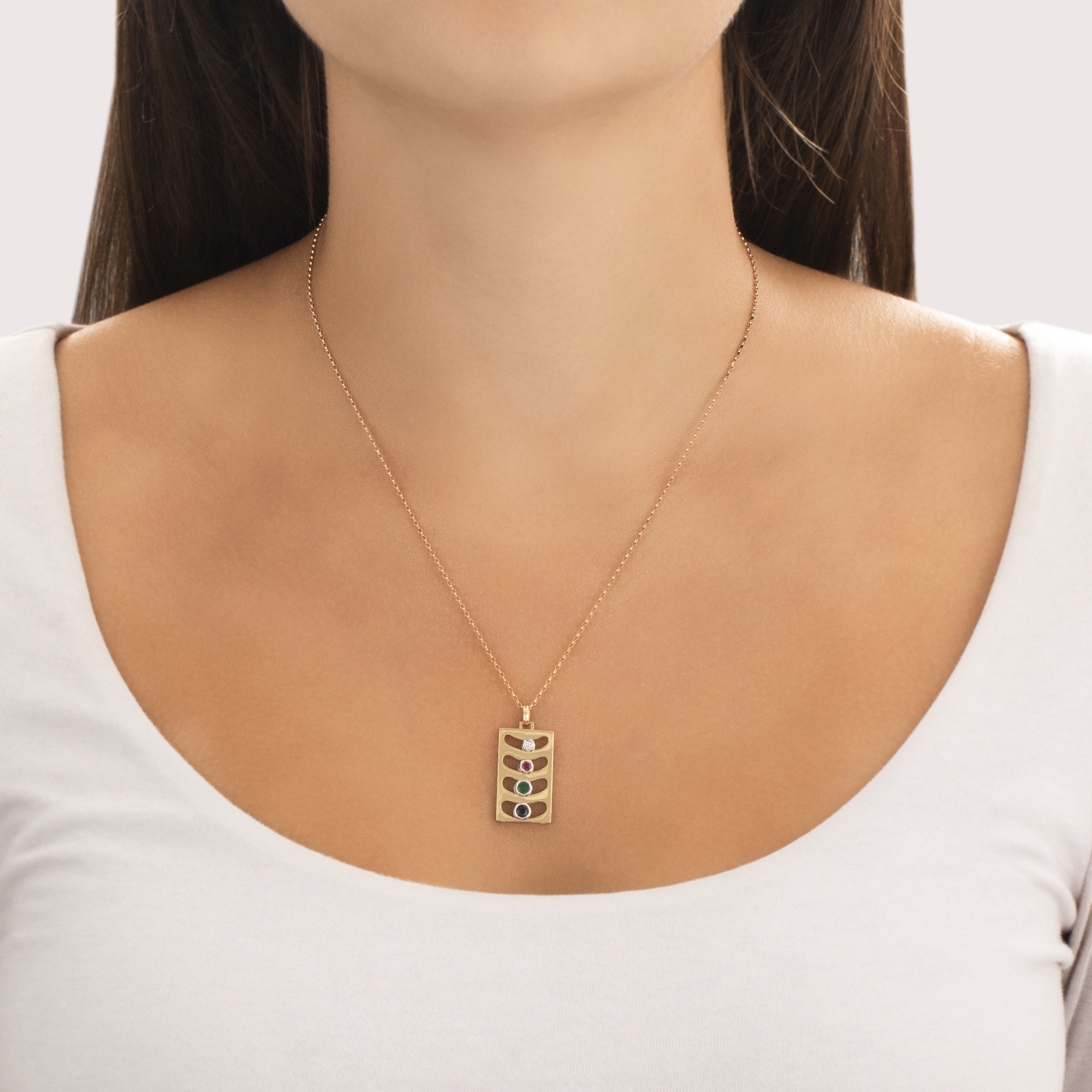 Vintage 18k Yellow & White Gold Blue Sapphire Ruby Emerald Diamond Playful Sliding Bar Pendant - On model view