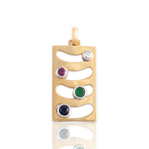 Vintage 18k Yellow & White Gold Sapphire Ruby Emerald Diamond Sliding Pendant