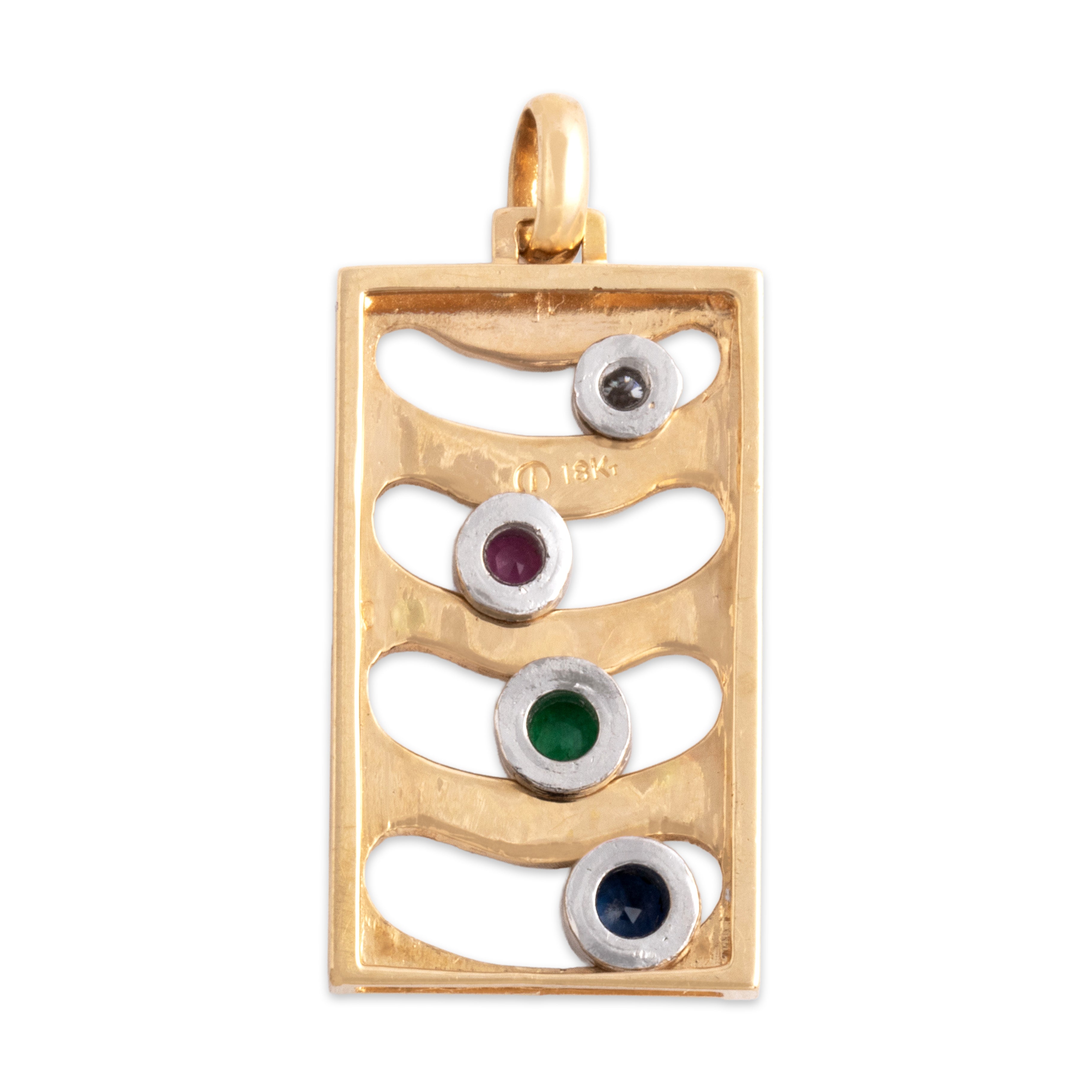 Vintage 18k Yellow & White Gold Blue Sapphire Ruby Emerald Diamond Playful Sliding Bar Pendant - Back view