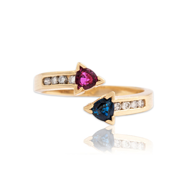 Vintage 14k Yellow Gold Blue Sapphire Ruby Diamond Dynamic Bypass Open Ring 6.75