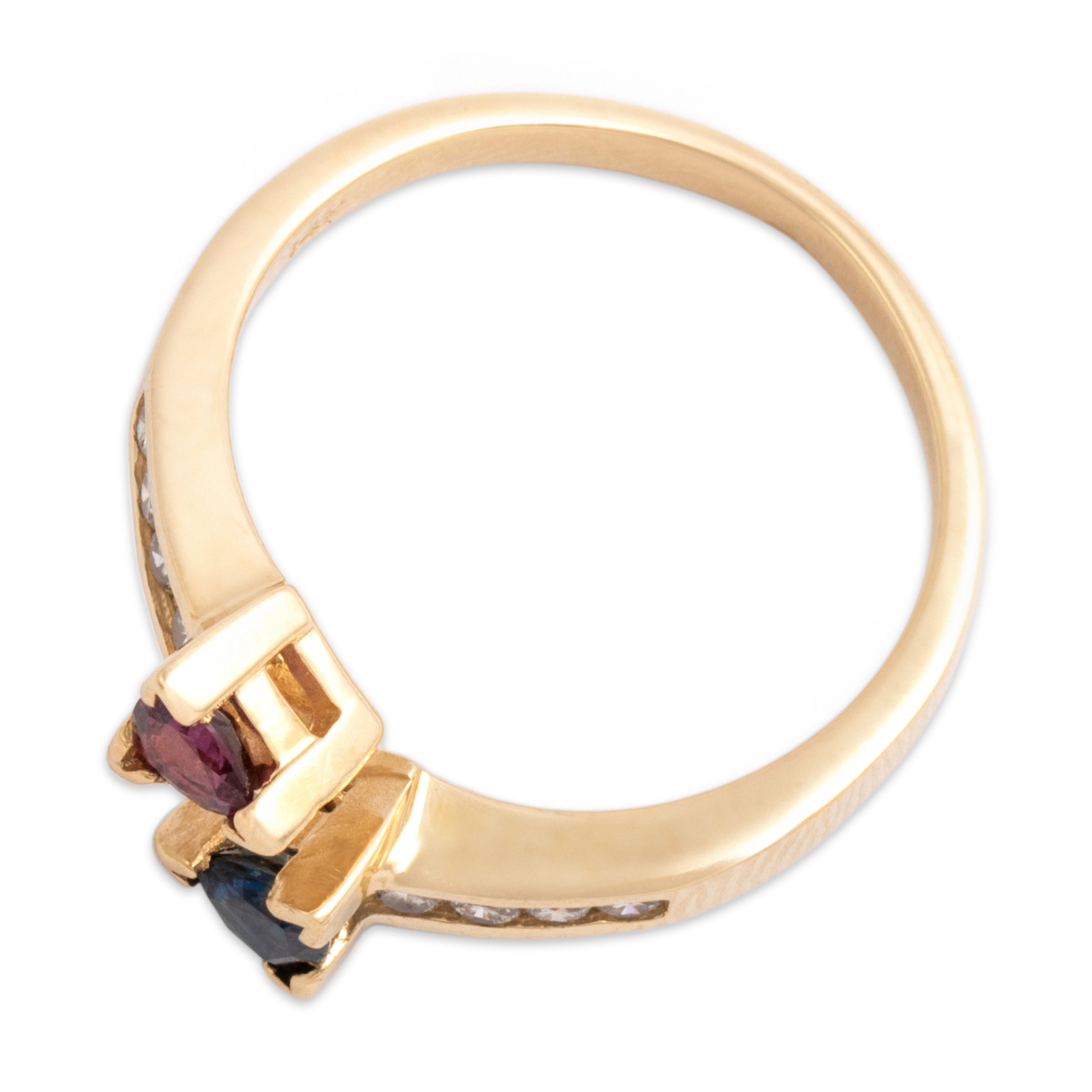 Vintage 14k Yellow Gold Blue Sapphire Ruby Diamond Dynamic Shooting Bypass Open Ring - Overall view