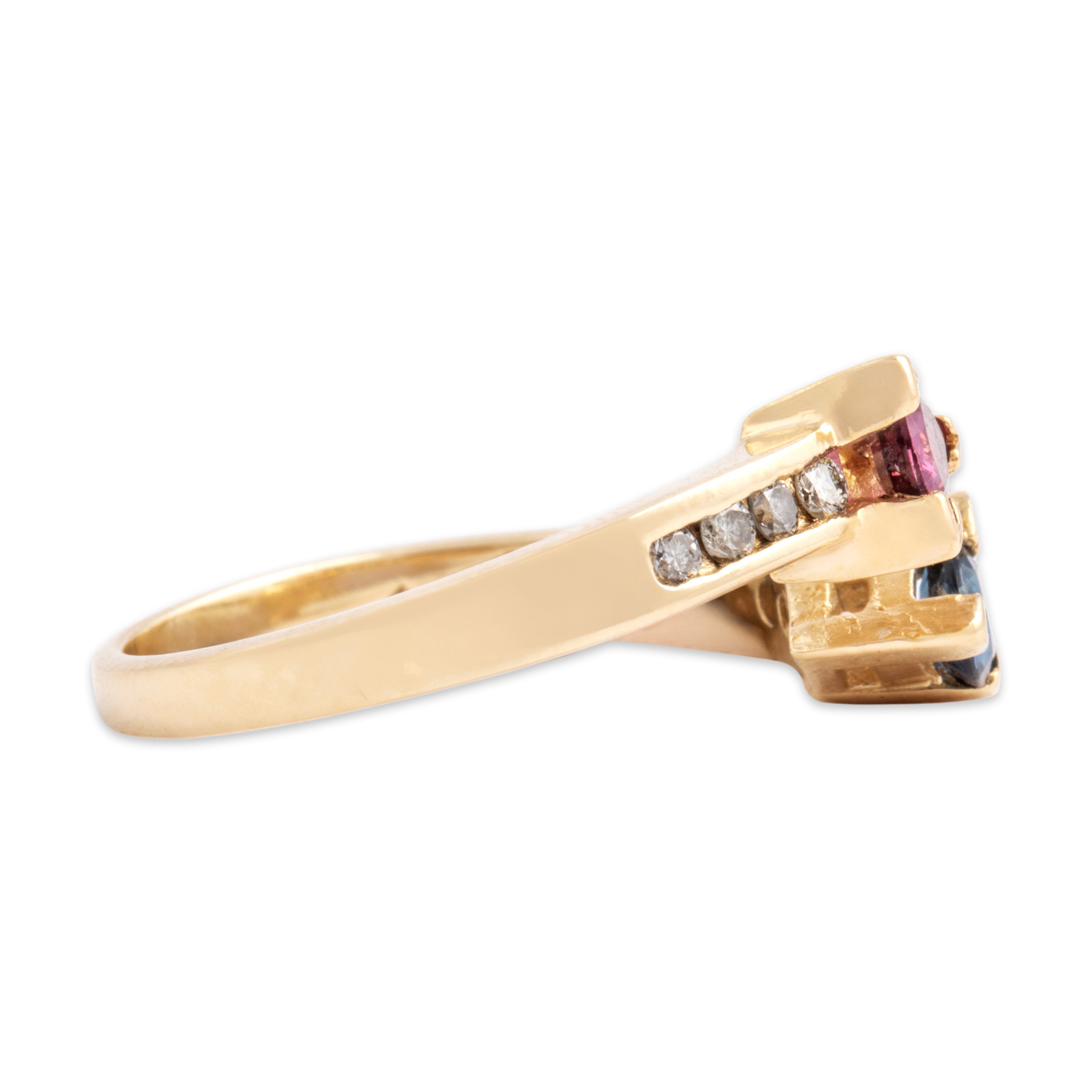 Vintage 14k Yellow Gold Blue Sapphire Ruby Diamond Dynamic Shooting Bypass Open Ring - Side view